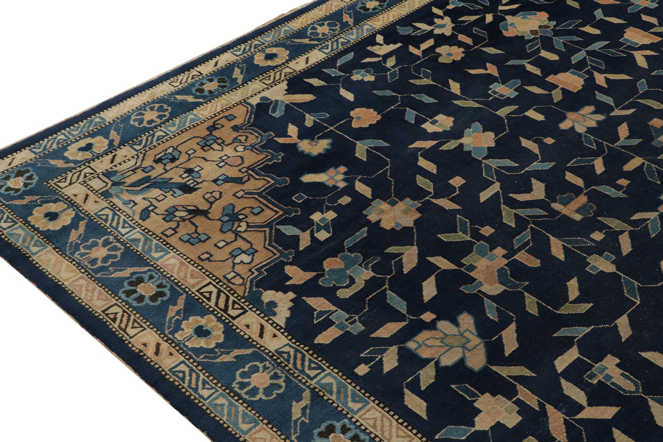 Antique Chinese Art Deco Rug in Blue with Gold Medallion, by Rug & Kilim In Good Condition For Sale In Long Island City, NY