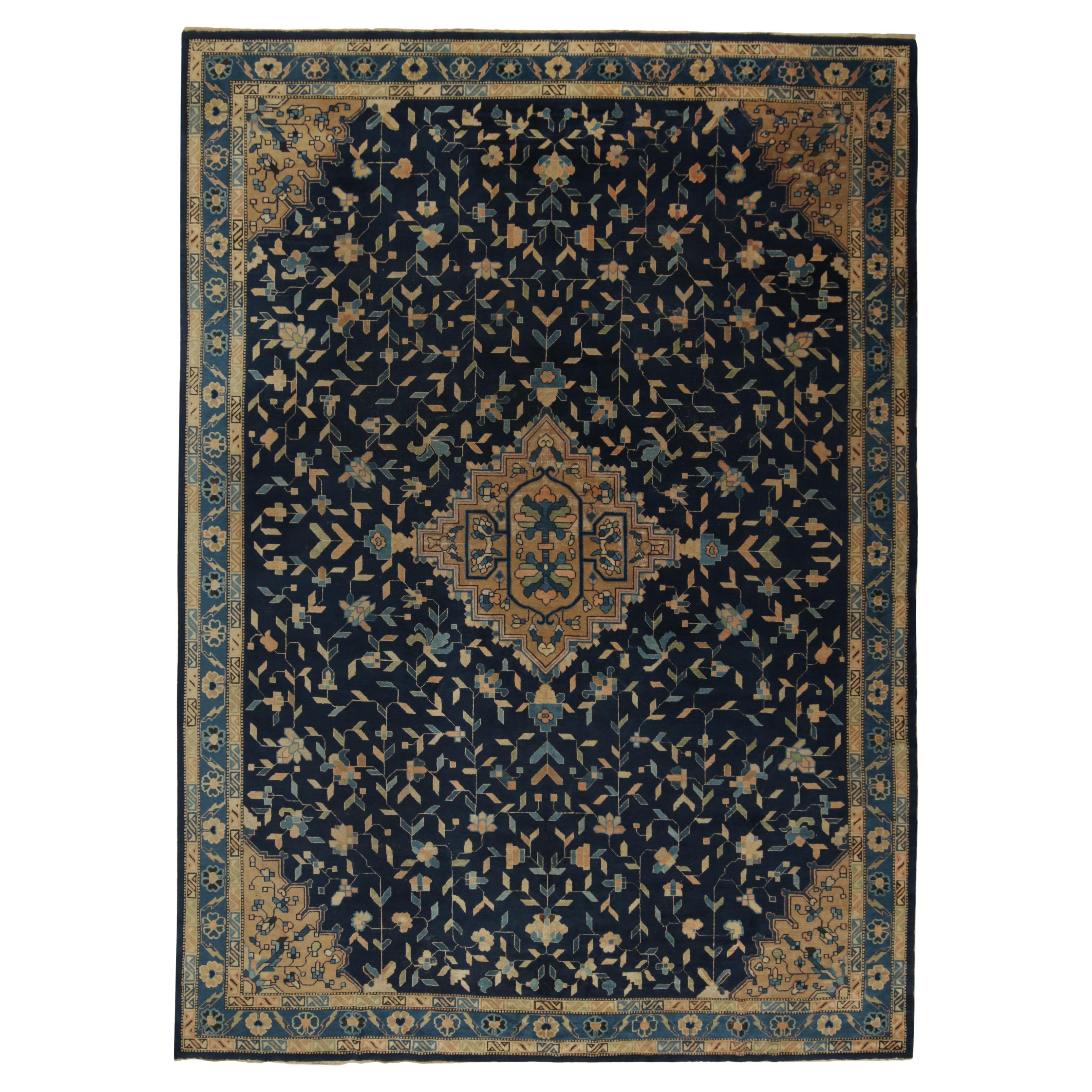 Antique Chinese Art Deco Rug in Blue with Gold Medallion, by Rug & Kilim