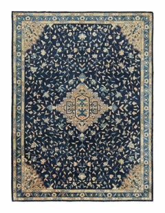 Antique Chinese Art Deco Rug in Blue with Gold Medallion, by Rug & Kilim