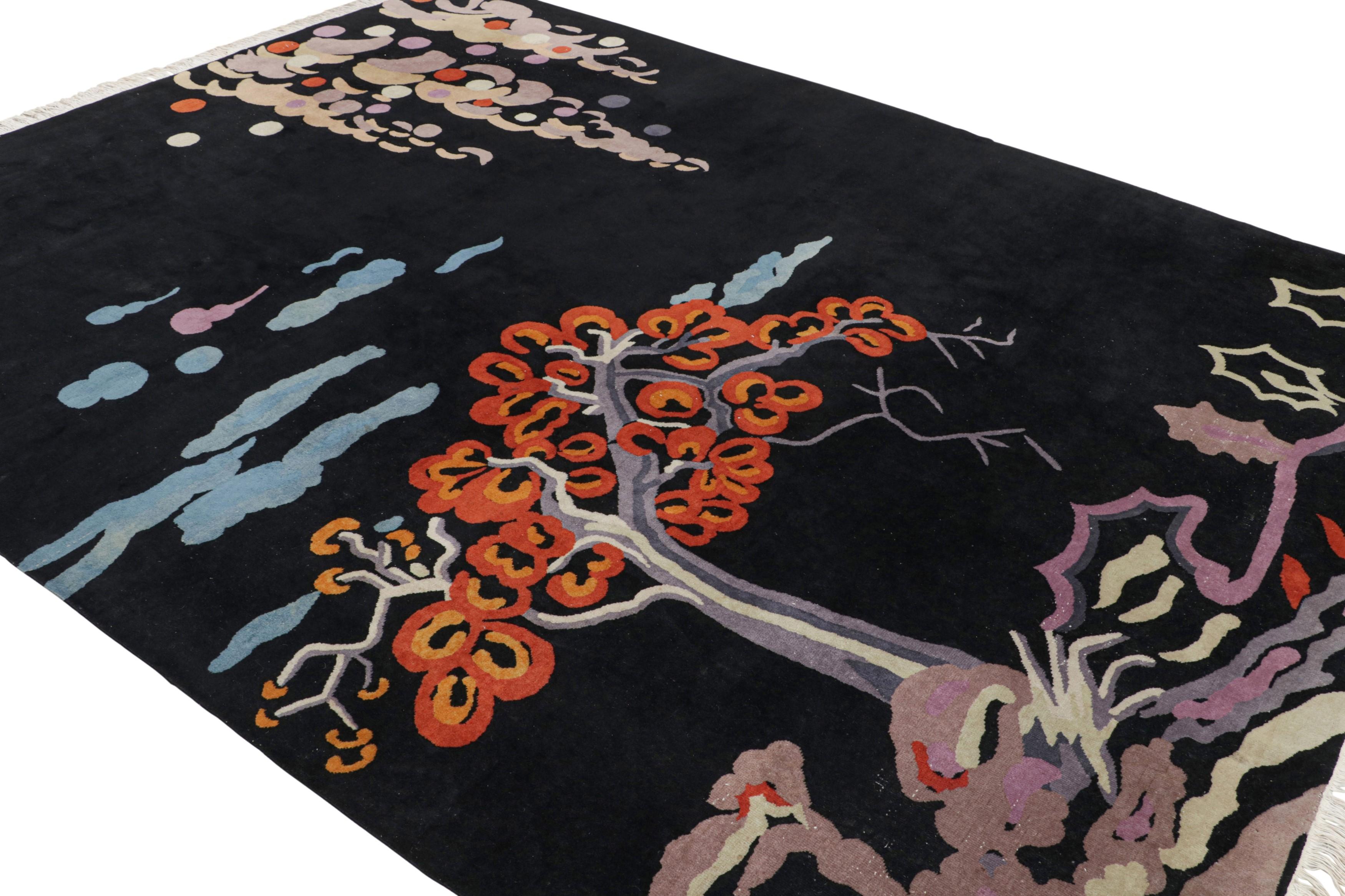 Chinoiserie Antique Chinese Art Deco Rug in Blue with Pictorial Patterns, from Rug & Kilim For Sale