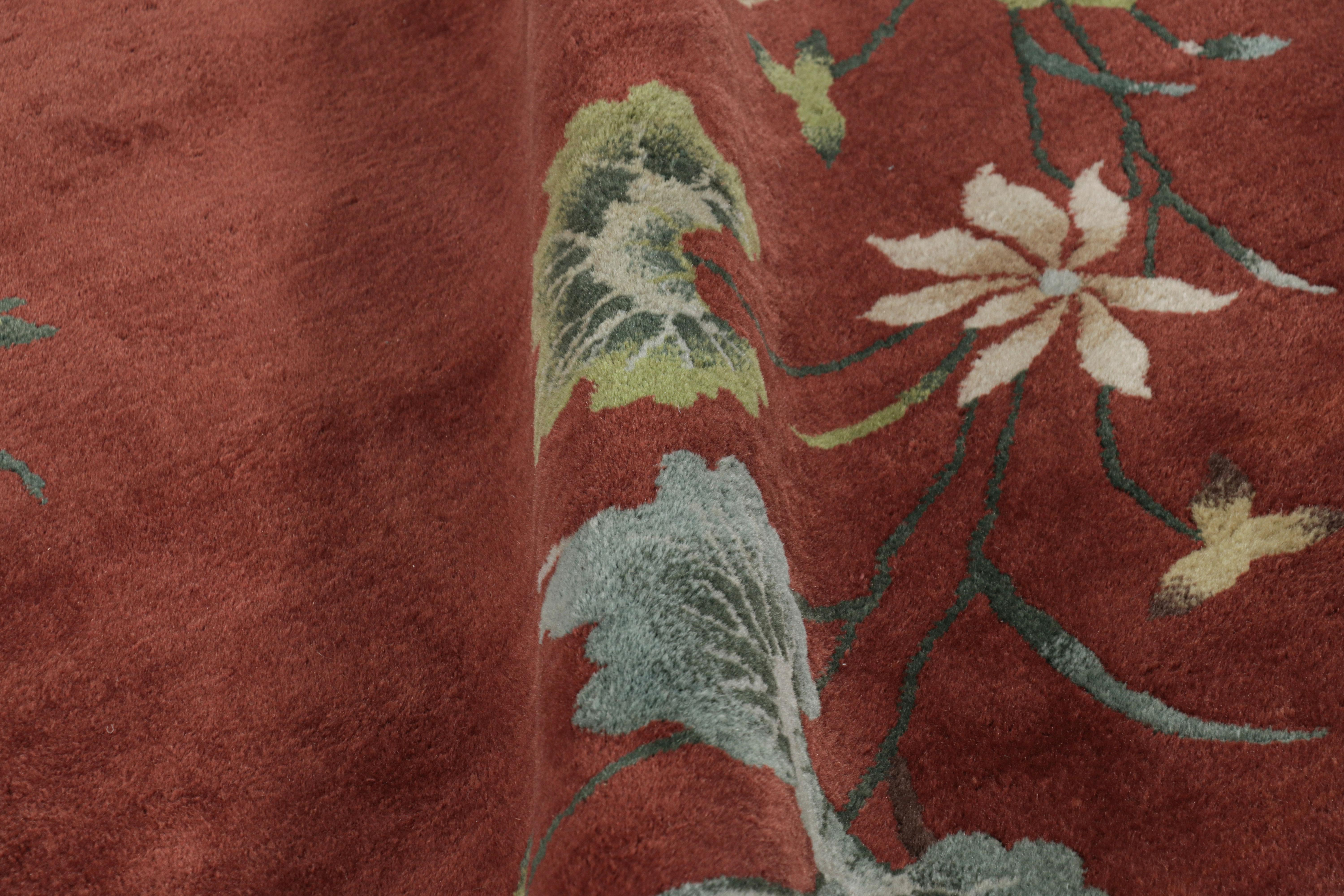 Lana Tappeto antico cinese Art Deco in borgogna con motivi floreali - Rug & Kilim in vendita