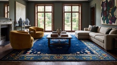 Antique Chinese Art Deco Rug in Deep Blue with Medallion & Botanical Motifs