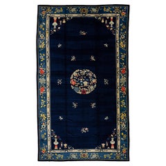 Antique Chinese Art Deco Rug in Deep Blue with Medallion & Botanical Motifs