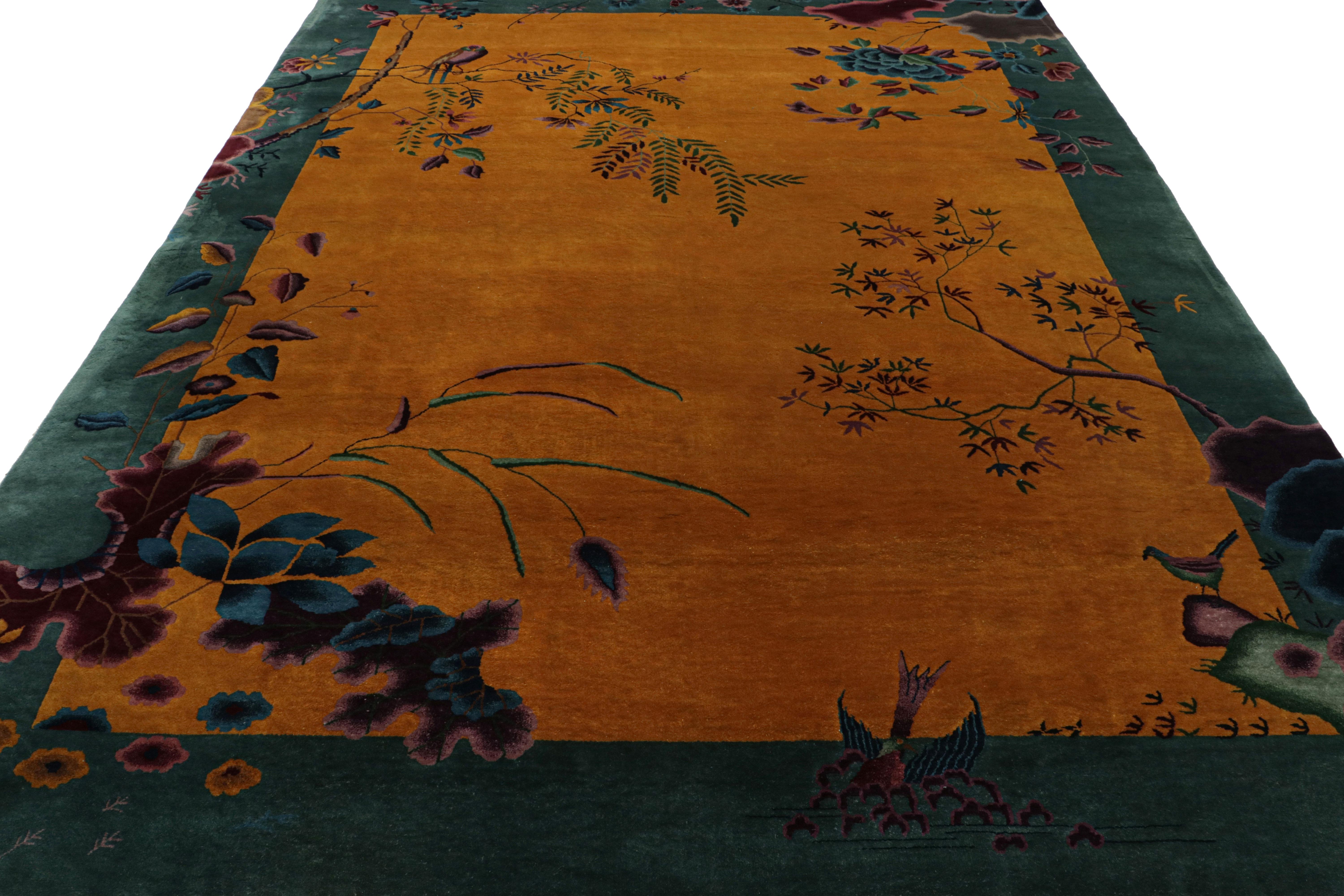 Hand-Knotted Antique Chinese Art Deco Rug in Gold and Teal with Floral Pattern by Rug & Kilim For Sale