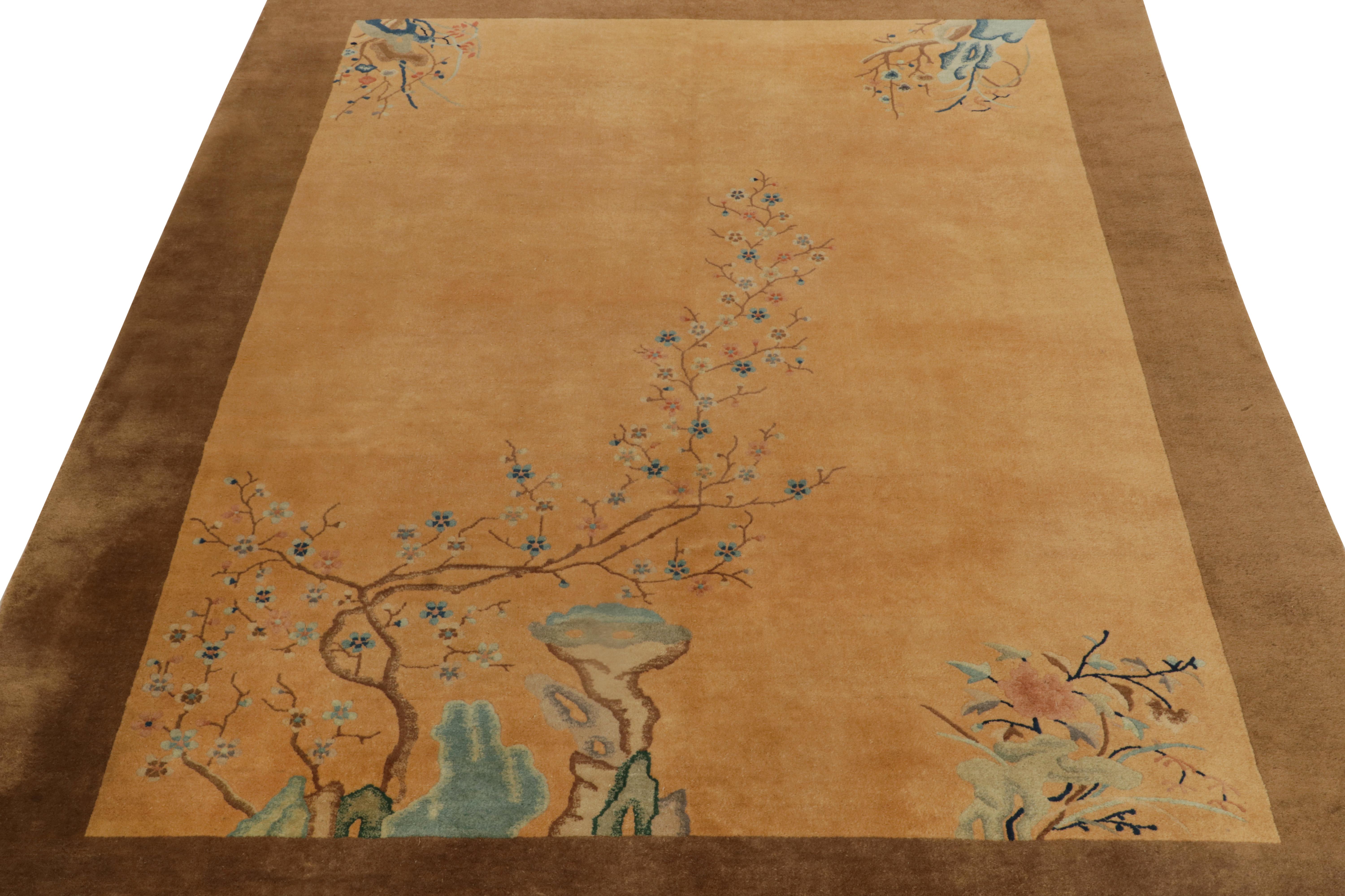 Hand-Knotted Antique Chinese Art Deco Rug in Gold, Beige-Brown & Blue Floral Patterns For Sale