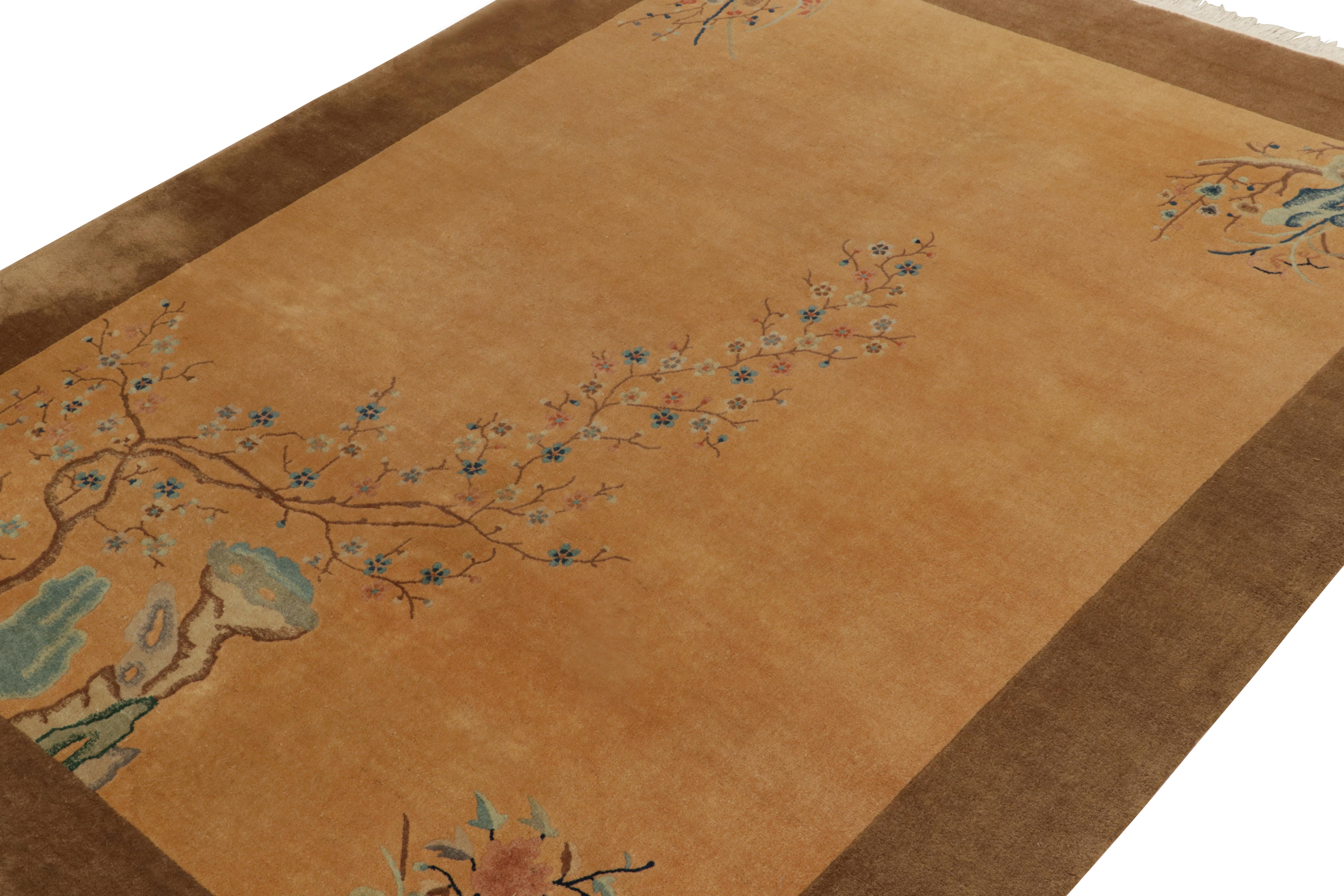 Antique Chinese Art Deco Rug in Gold, Beige-Brown & Blue Floral Patterns In Good Condition For Sale In Long Island City, NY