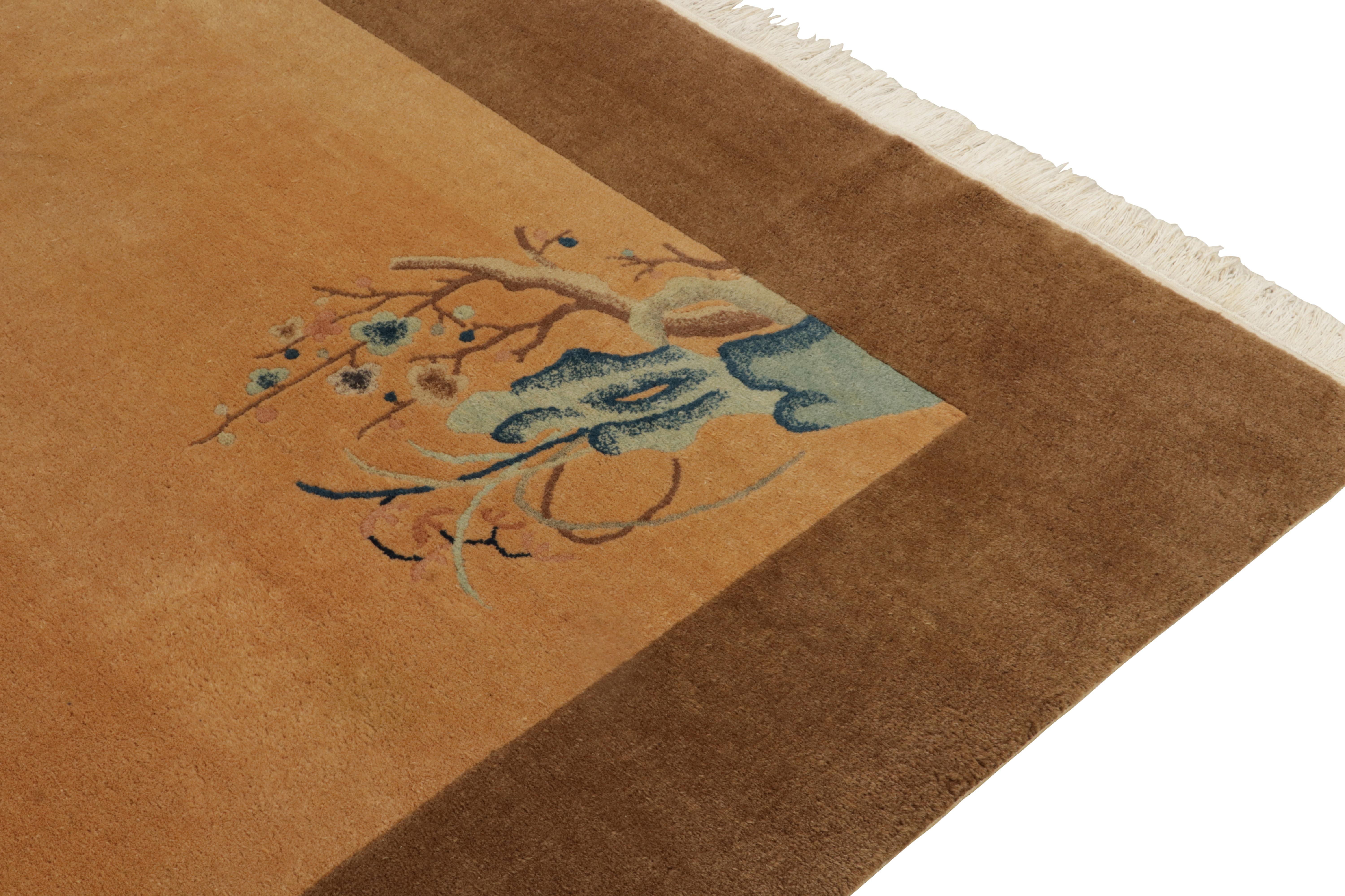 Early 20th Century Antique Chinese Art Deco Rug in Gold, Beige-Brown & Blue Floral Patterns For Sale