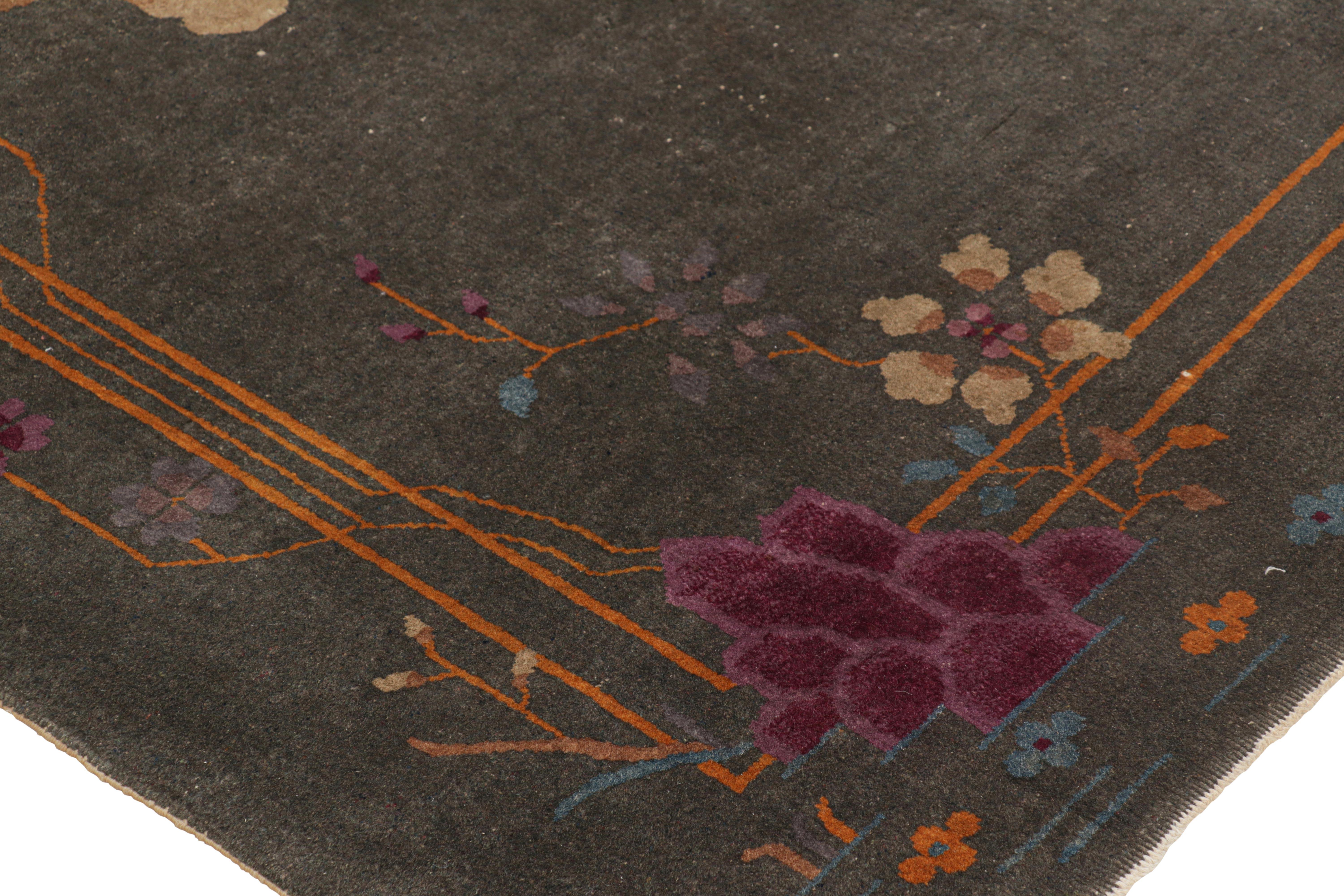 Hand-Knotted Antique Chinese Art Deco Rug in Gray with Colorful Florals, from Rug & Kilim For Sale