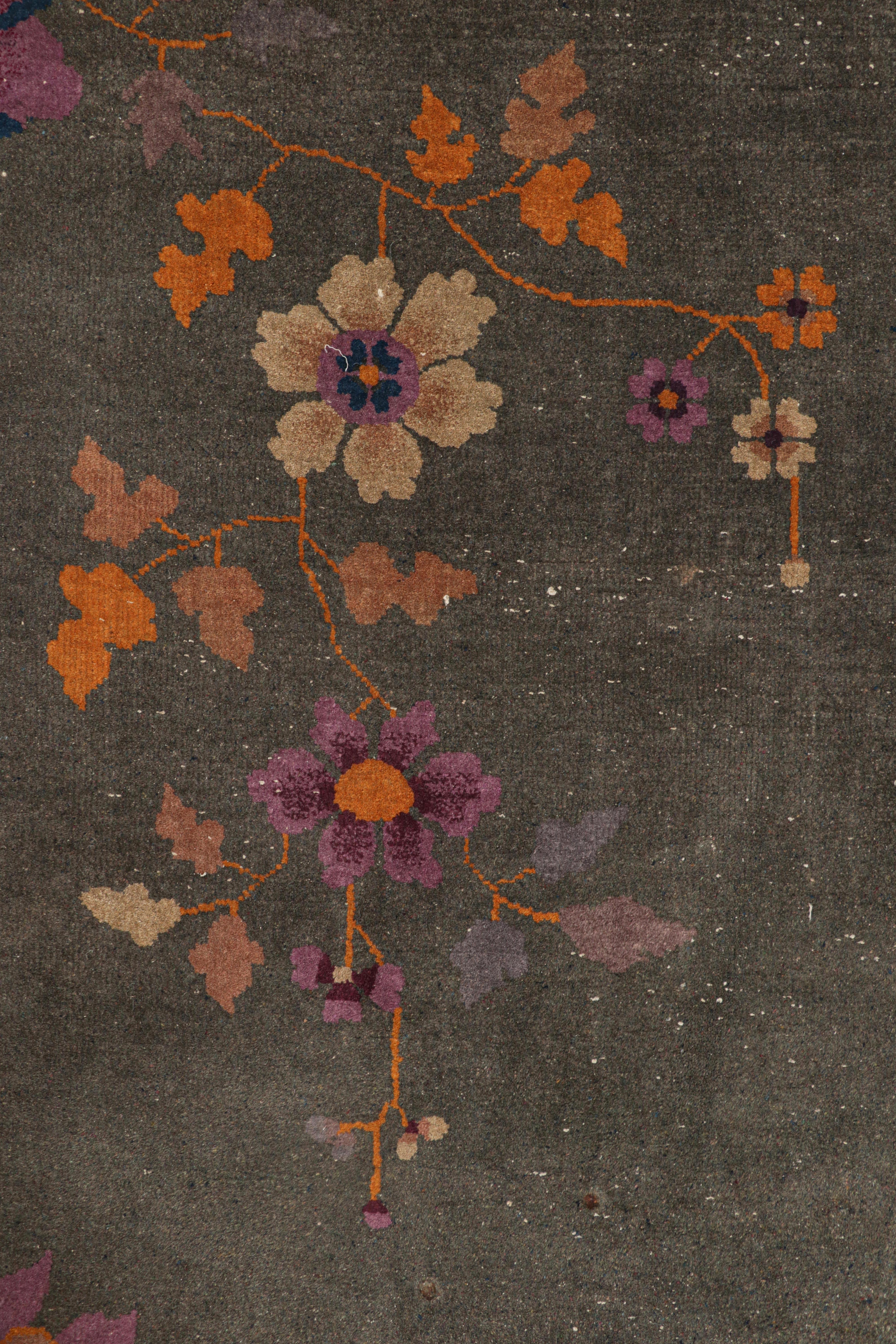 Wool Antique Chinese Art Deco Rug in Gray with Colorful Florals, from Rug & Kilim For Sale