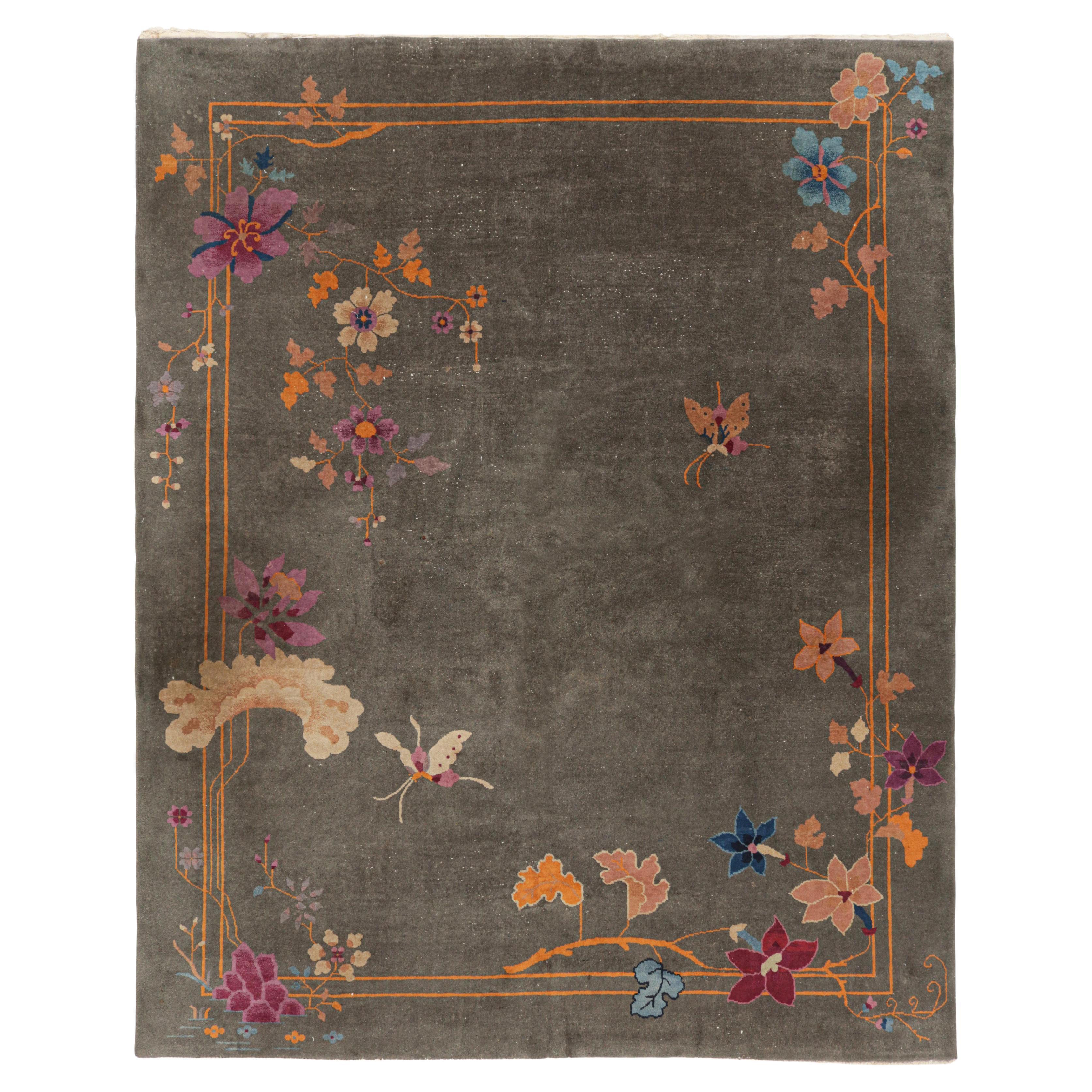 Antique Chinese Art Deco Rug in Gray with Colorful Florals, from Rug & Kilim