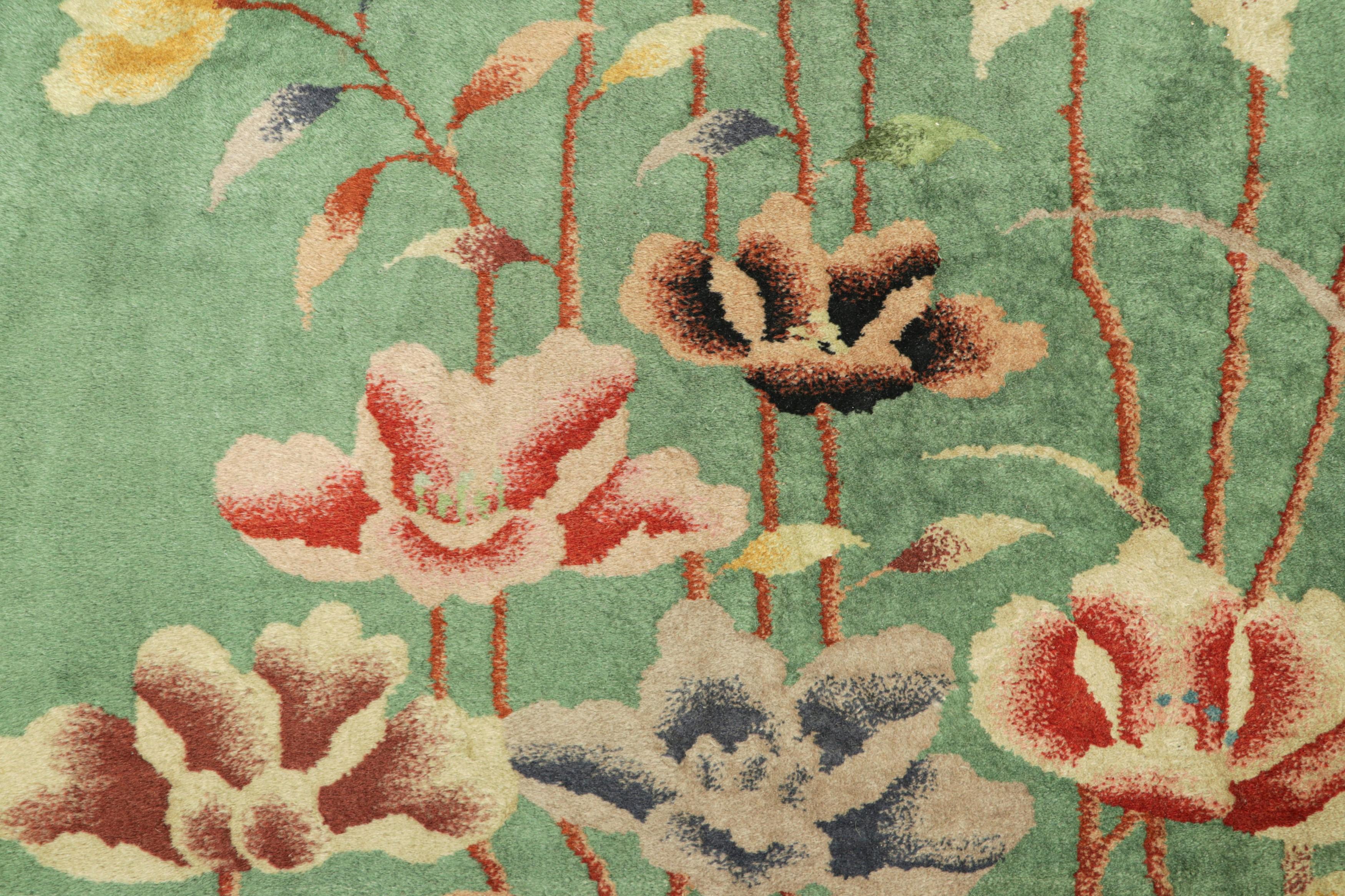 Hand-Knotted Antique Chinese Art Deco Rug in Green with Colorful Floral Pattern  Rug & Kilim