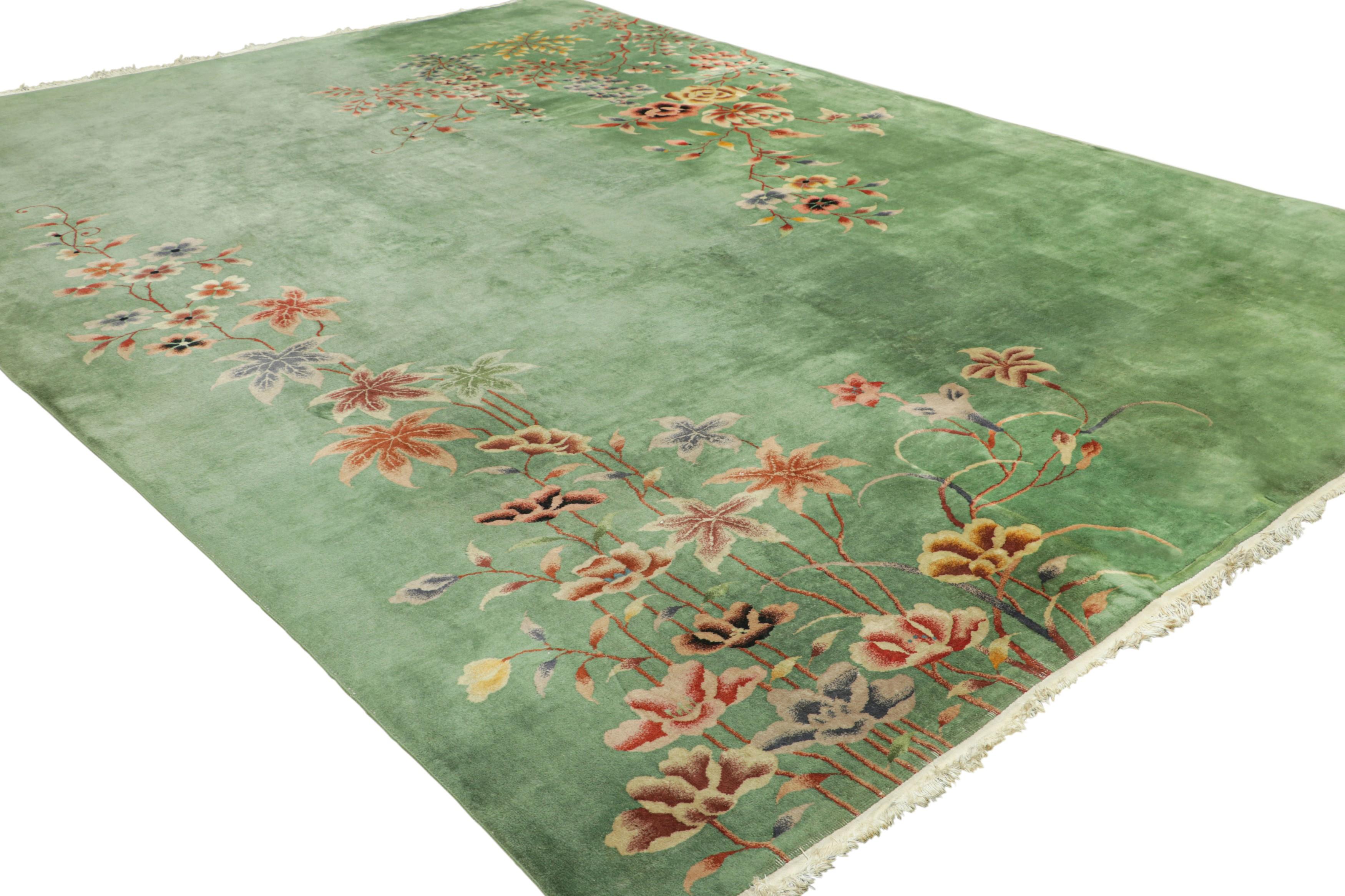 Antique Chinese Art Deco Rug in Green with Colorful Floral Pattern  Rug & Kilim In Good Condition In Long Island City, NY