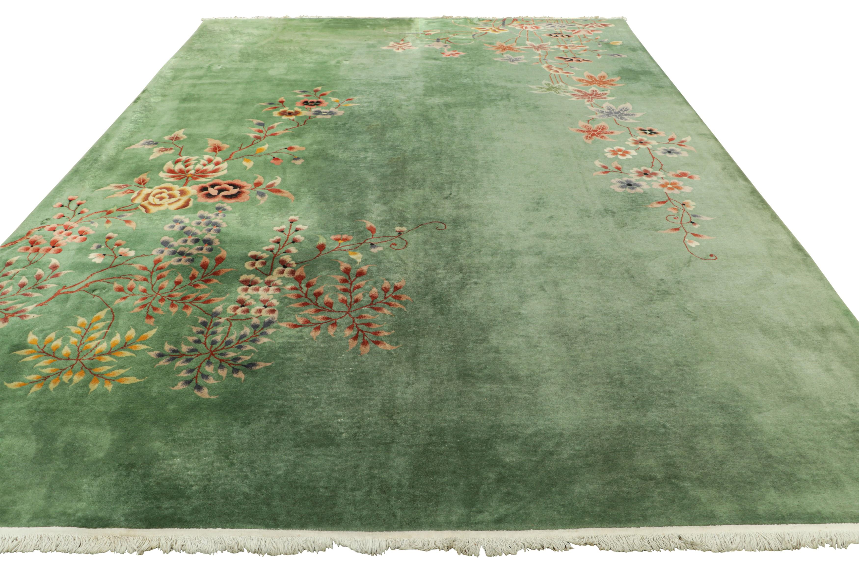Early 20th Century Antique Chinese Art Deco Rug in Green with Colorful Floral Pattern  Rug & Kilim