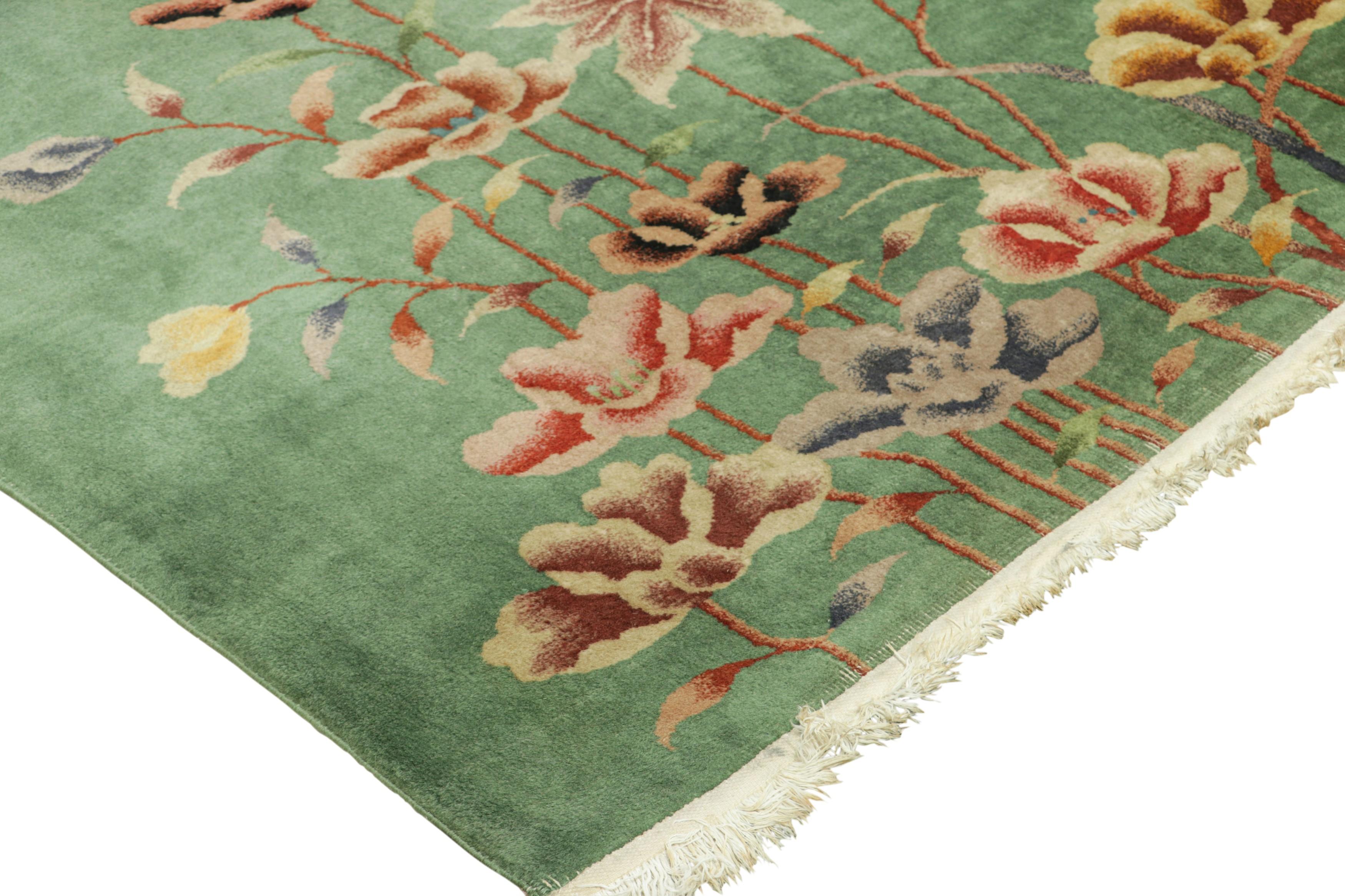 Wool Antique Chinese Art Deco Rug in Green with Colorful Floral Pattern  Rug & Kilim