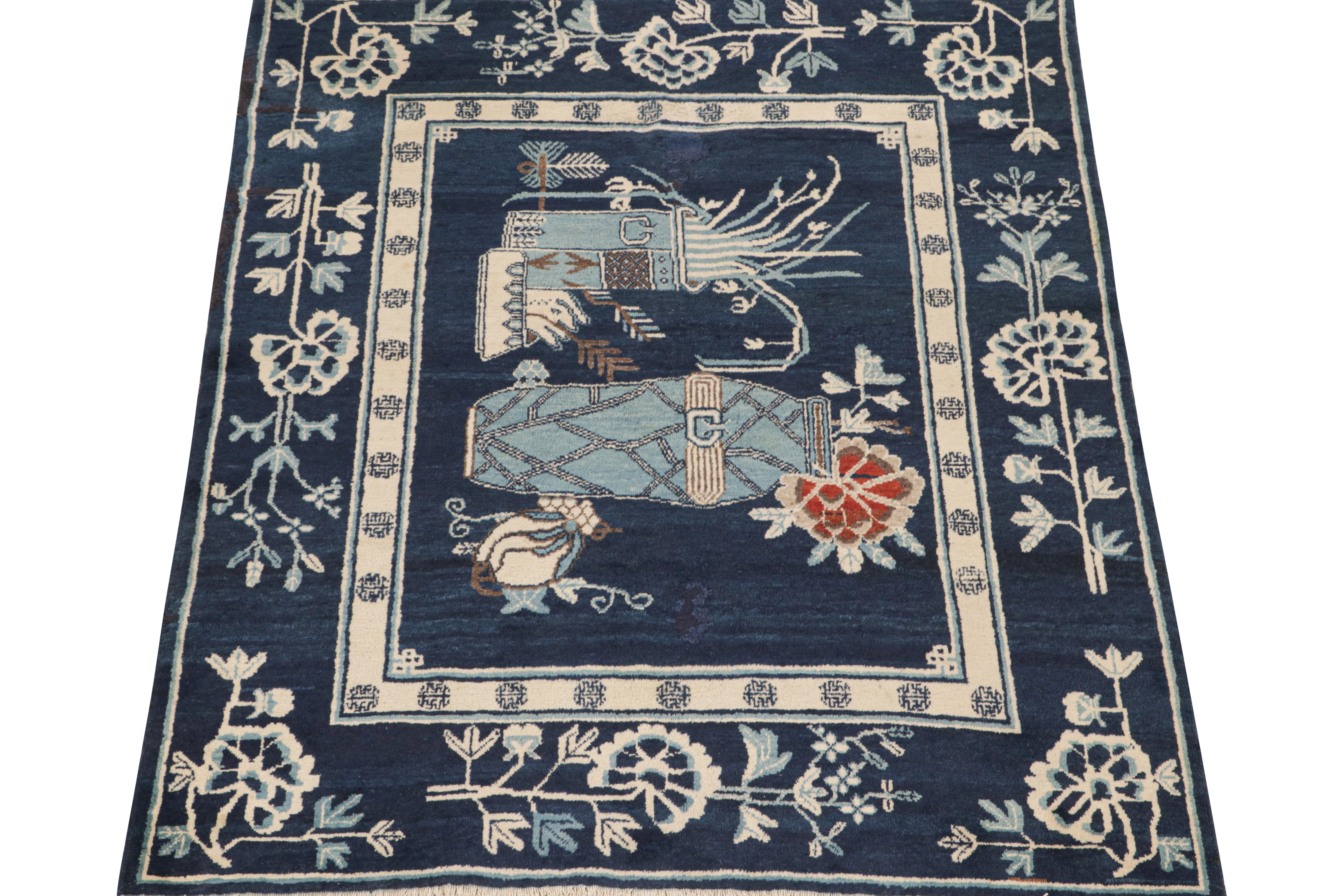 Hand-Knotted Antique Chinese Art Deco Rug in Navy Blue with Pictorial, from Rug & Kilim For Sale