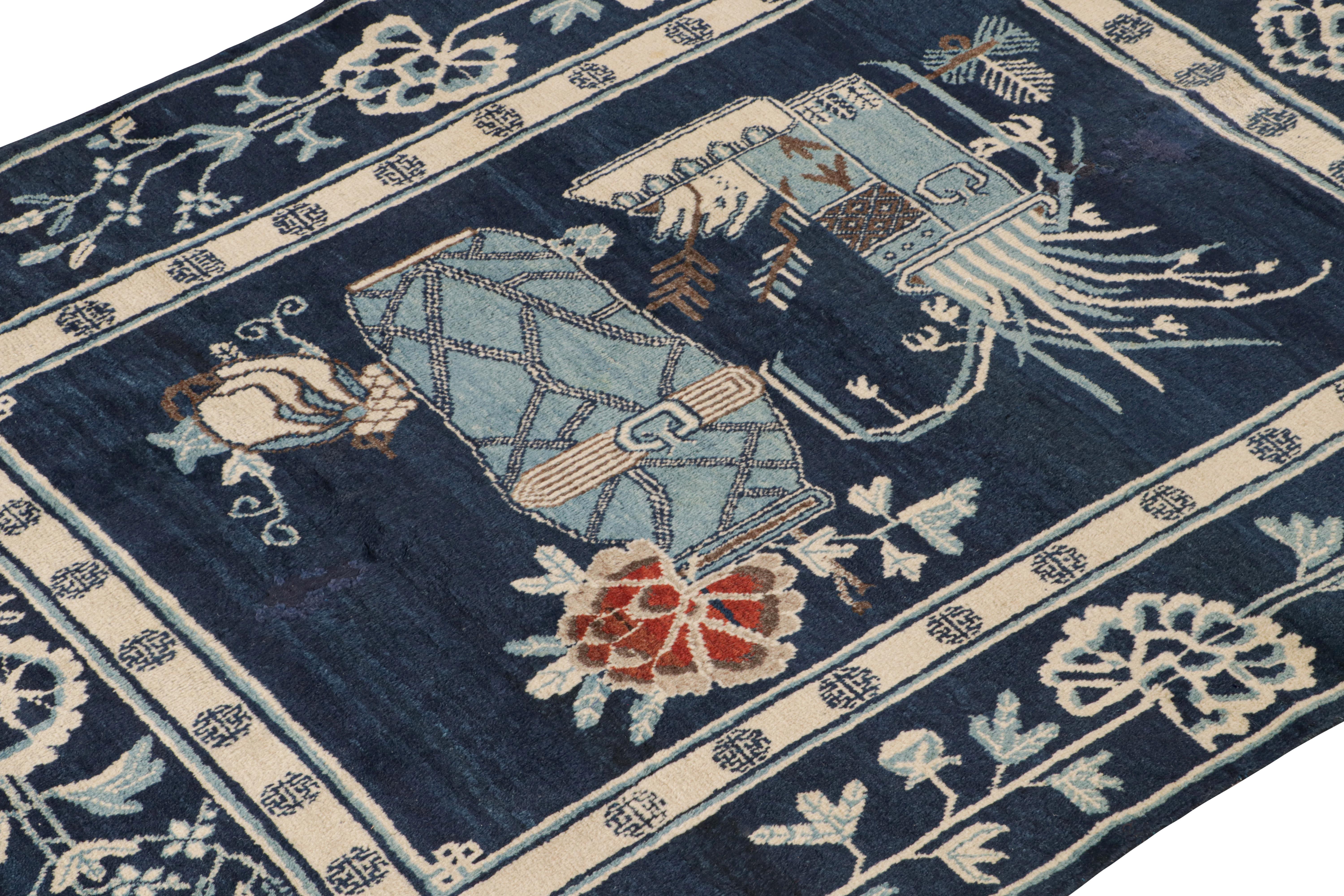 Antique Chinese Art Deco Rug in Navy Blue with Pictorial, from Rug & Kilim In Good Condition For Sale In Long Island City, NY