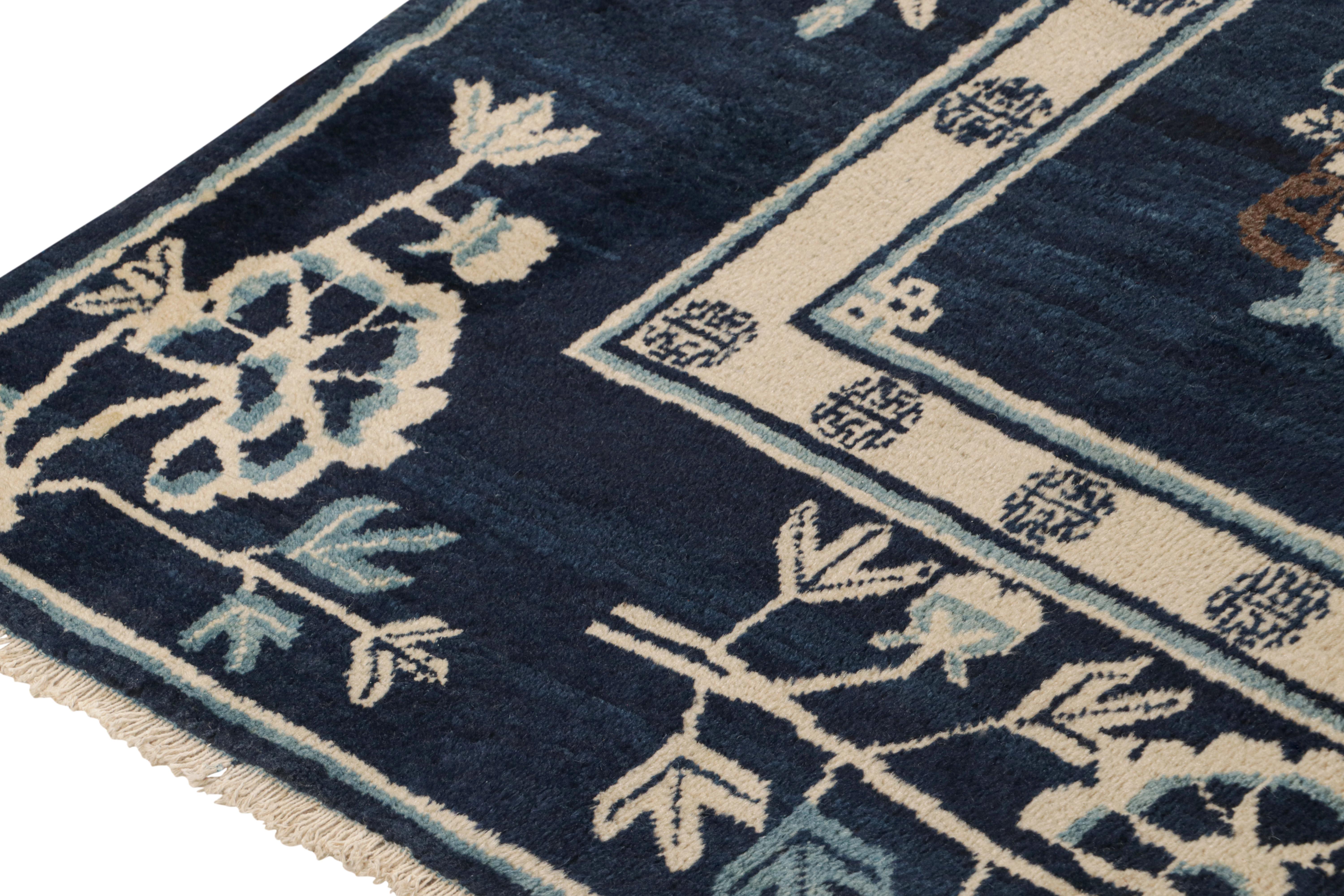 Early 20th Century Antique Chinese Art Deco Rug in Navy Blue with Pictorial, from Rug & Kilim For Sale