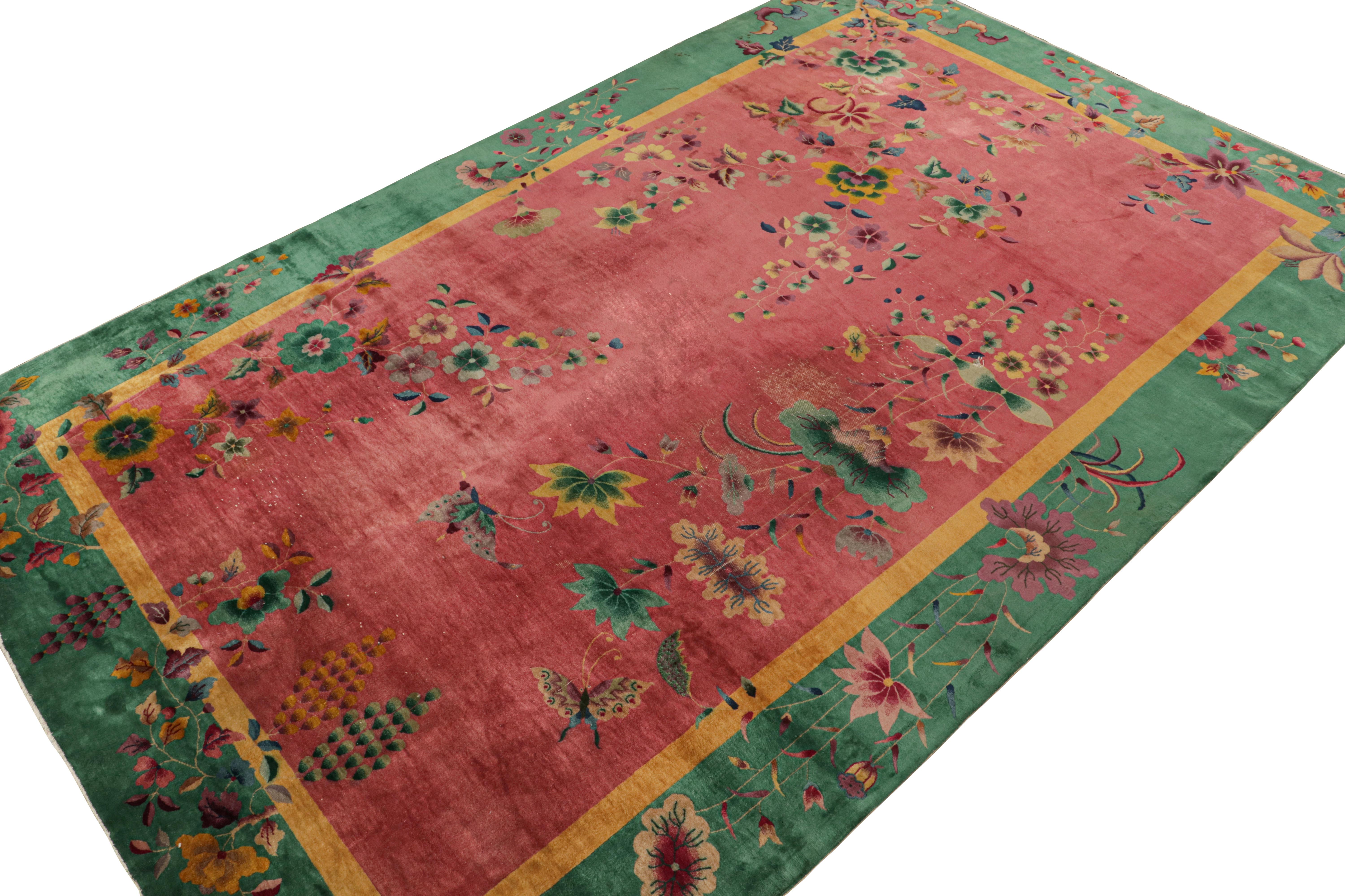 Antique Chinese Art Deco Rug in Pink & Green With Florals, From Rug & Kilim In Good Condition In Long Island City, NY