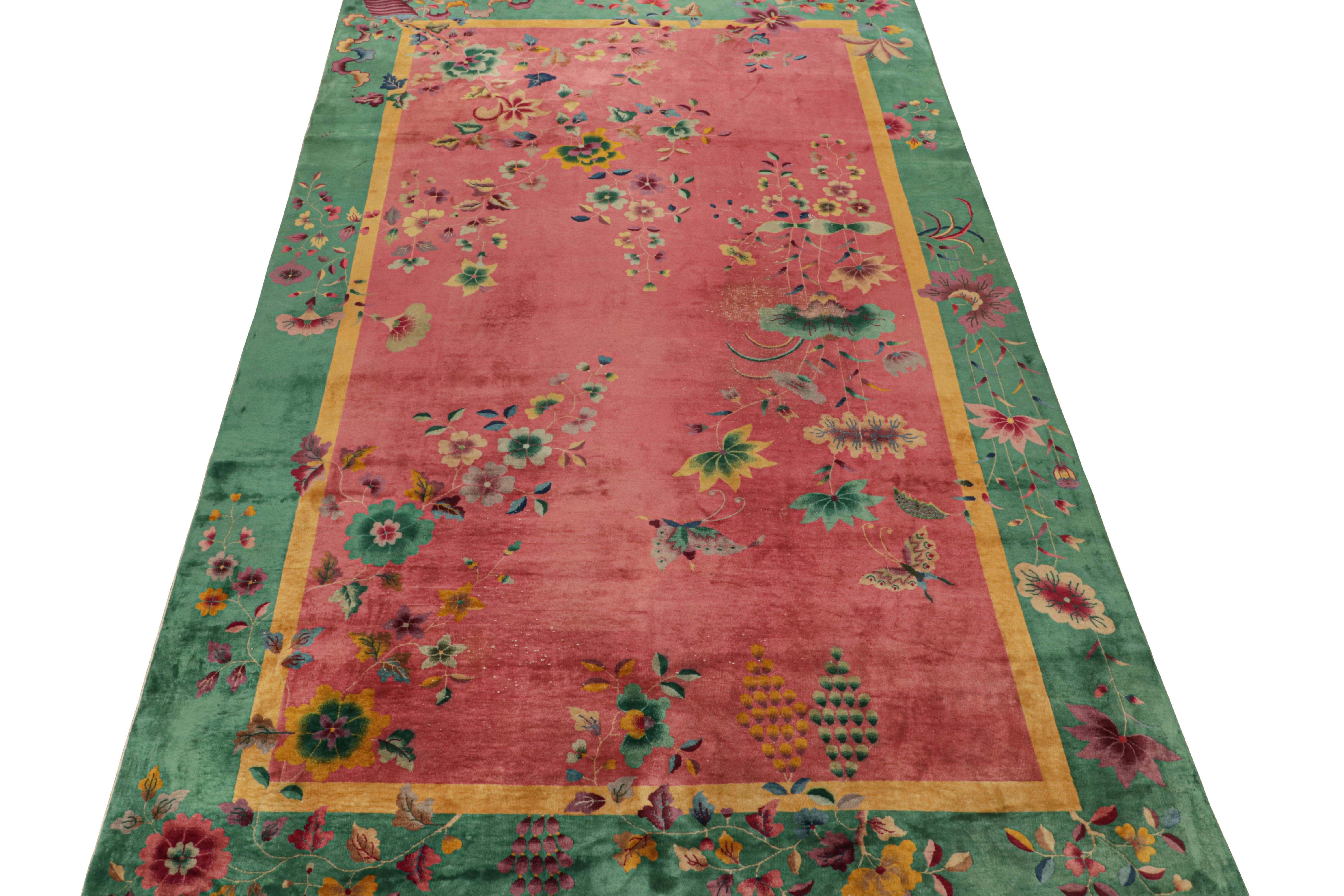 Early 20th Century Antique Chinese Art Deco Rug in Pink & Green With Florals, From Rug & Kilim