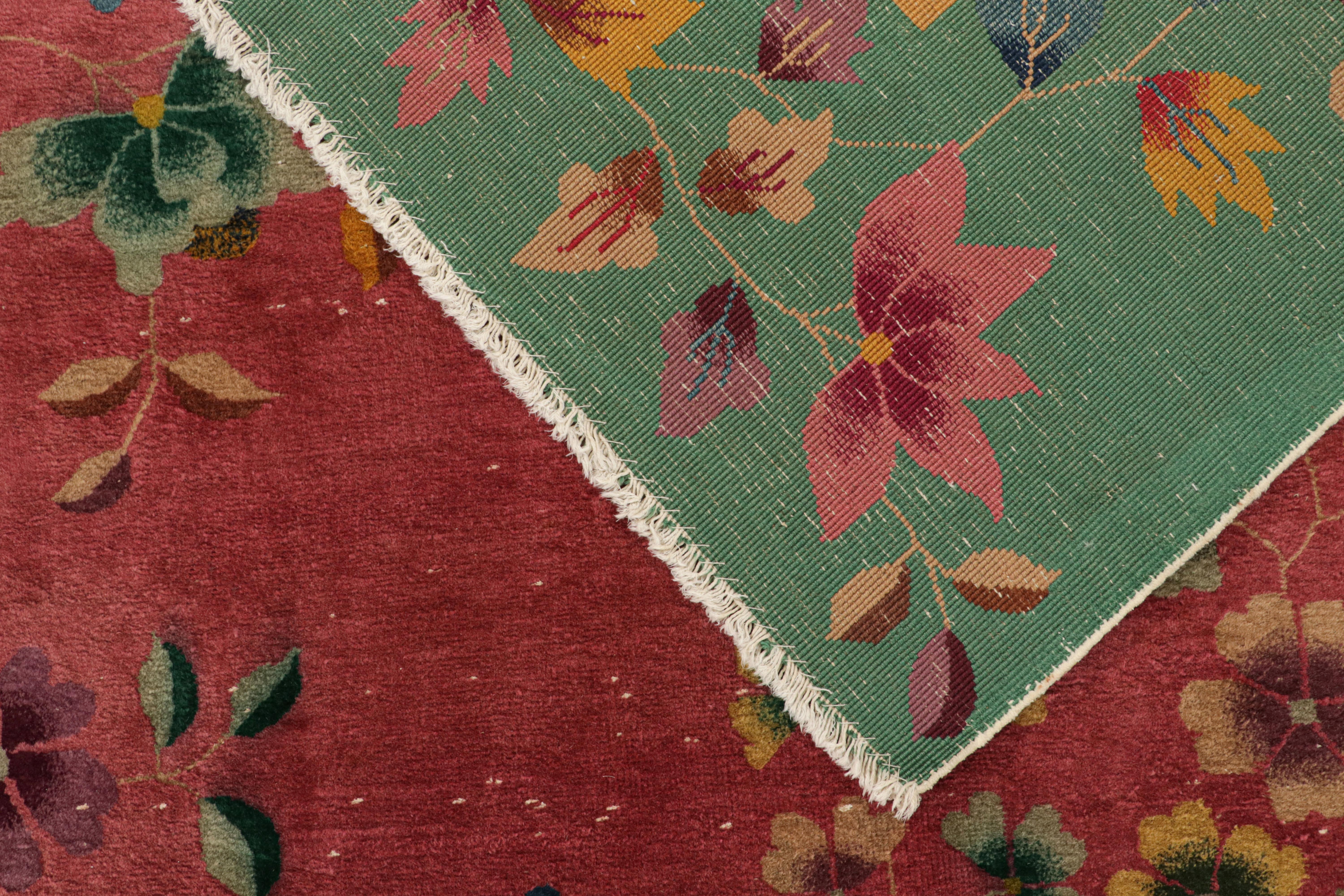 Antique Chinese Art Deco Rug in Pink & Green With Florals, From Rug & Kilim 1