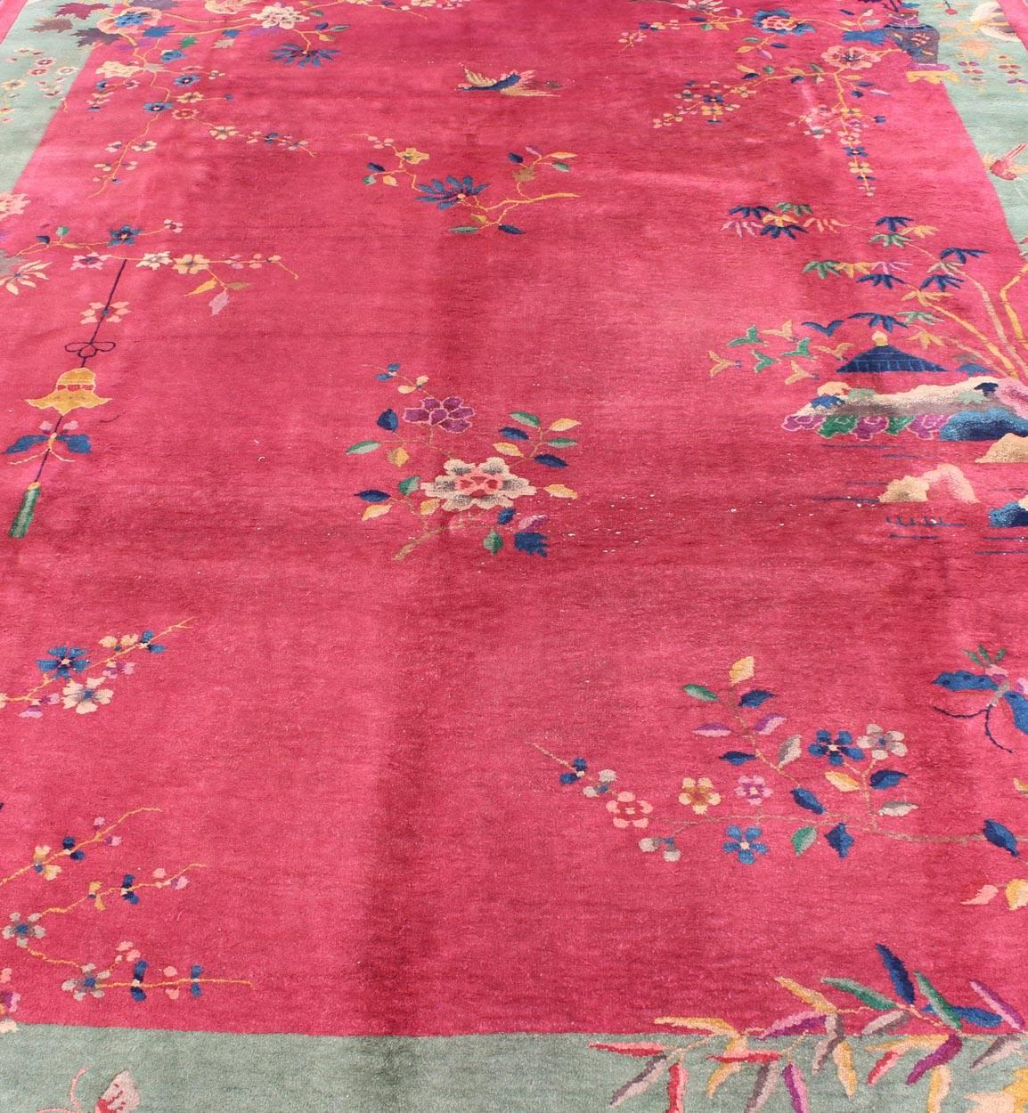 Antique Chinese Art Deco Rug in Red and Green 8
