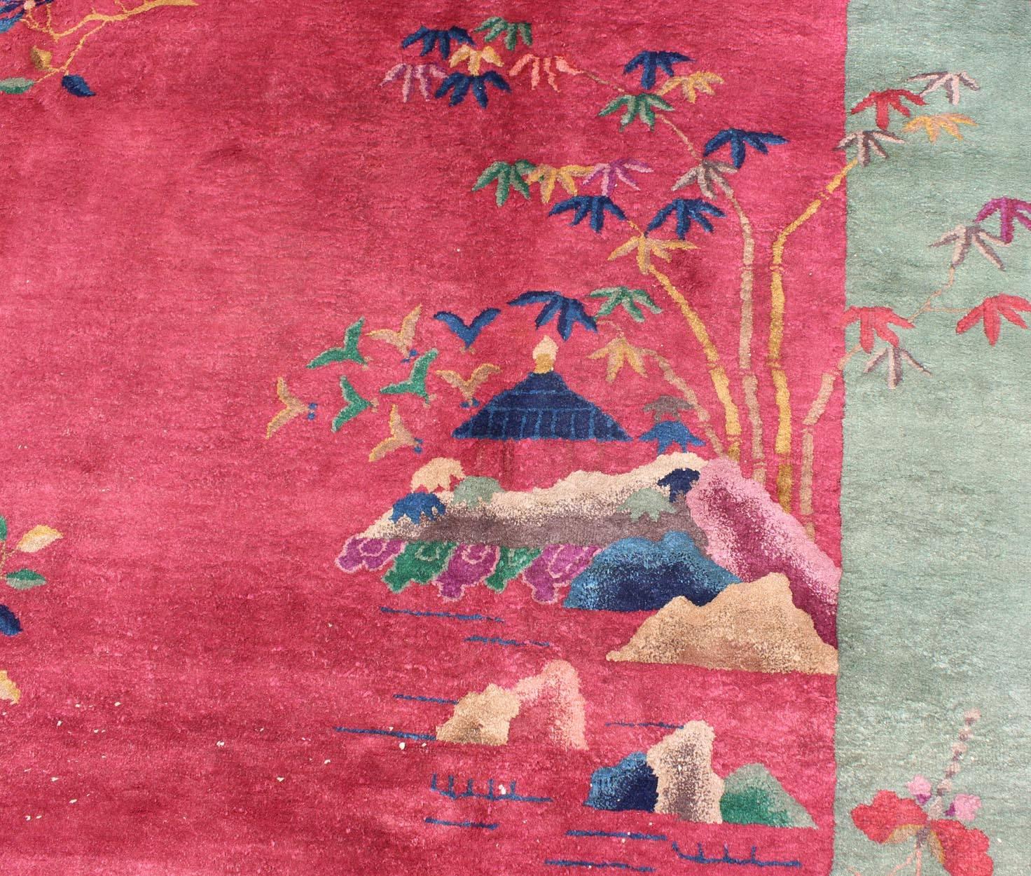 Antique Chinese Art Deco Rug in Red and Green 2