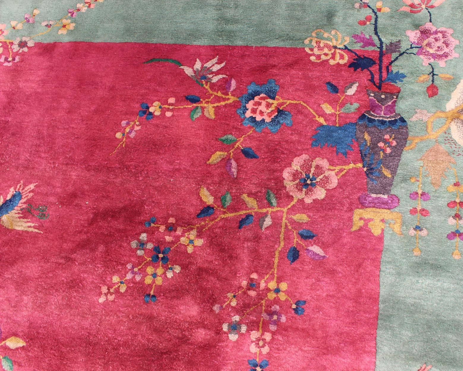 Antique Chinese Art Deco Rug in Red and Green 3