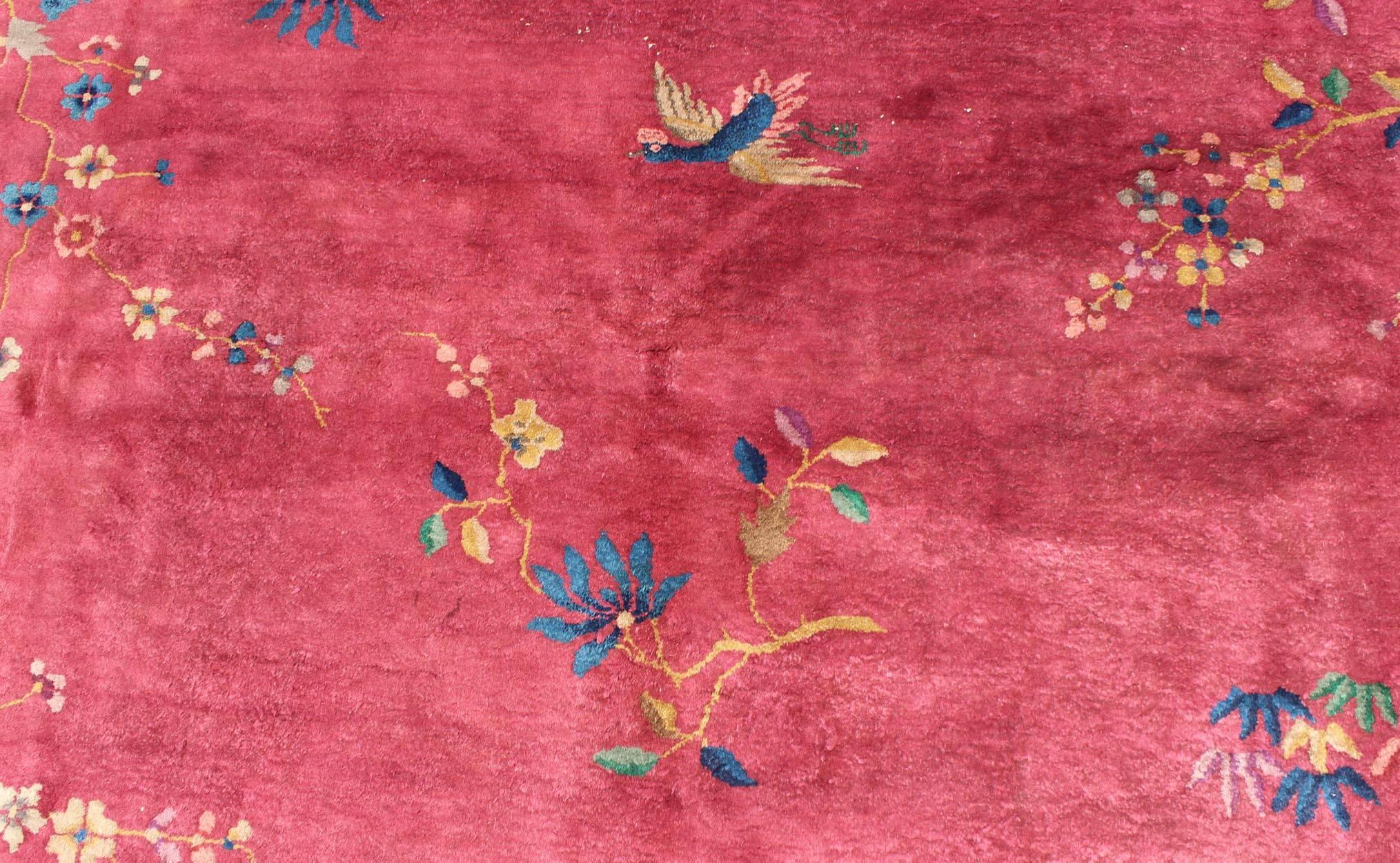 Antique Chinese Art Deco Rug in Red and Green 4