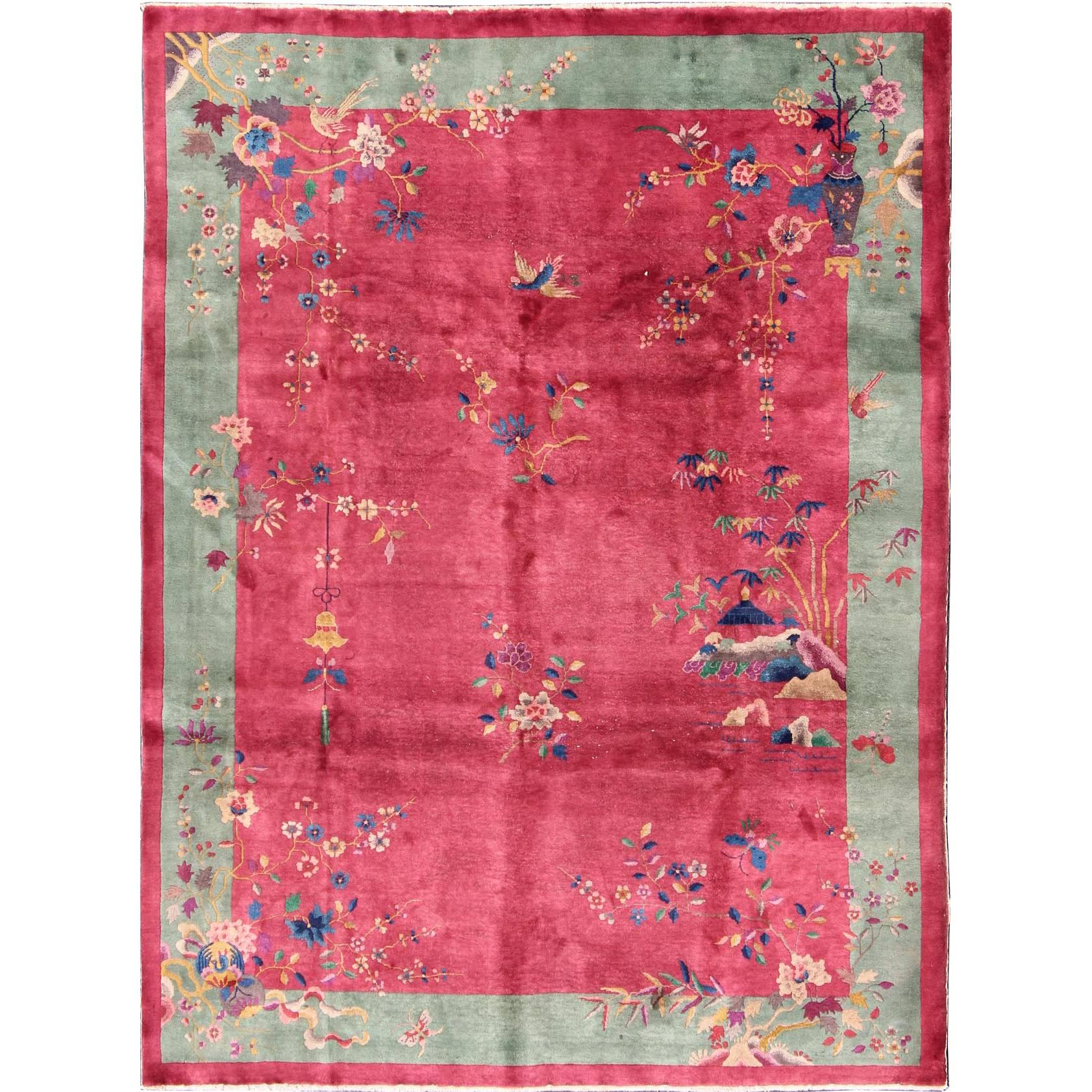 Antique Chinese Art Deco Rug in Red and Green