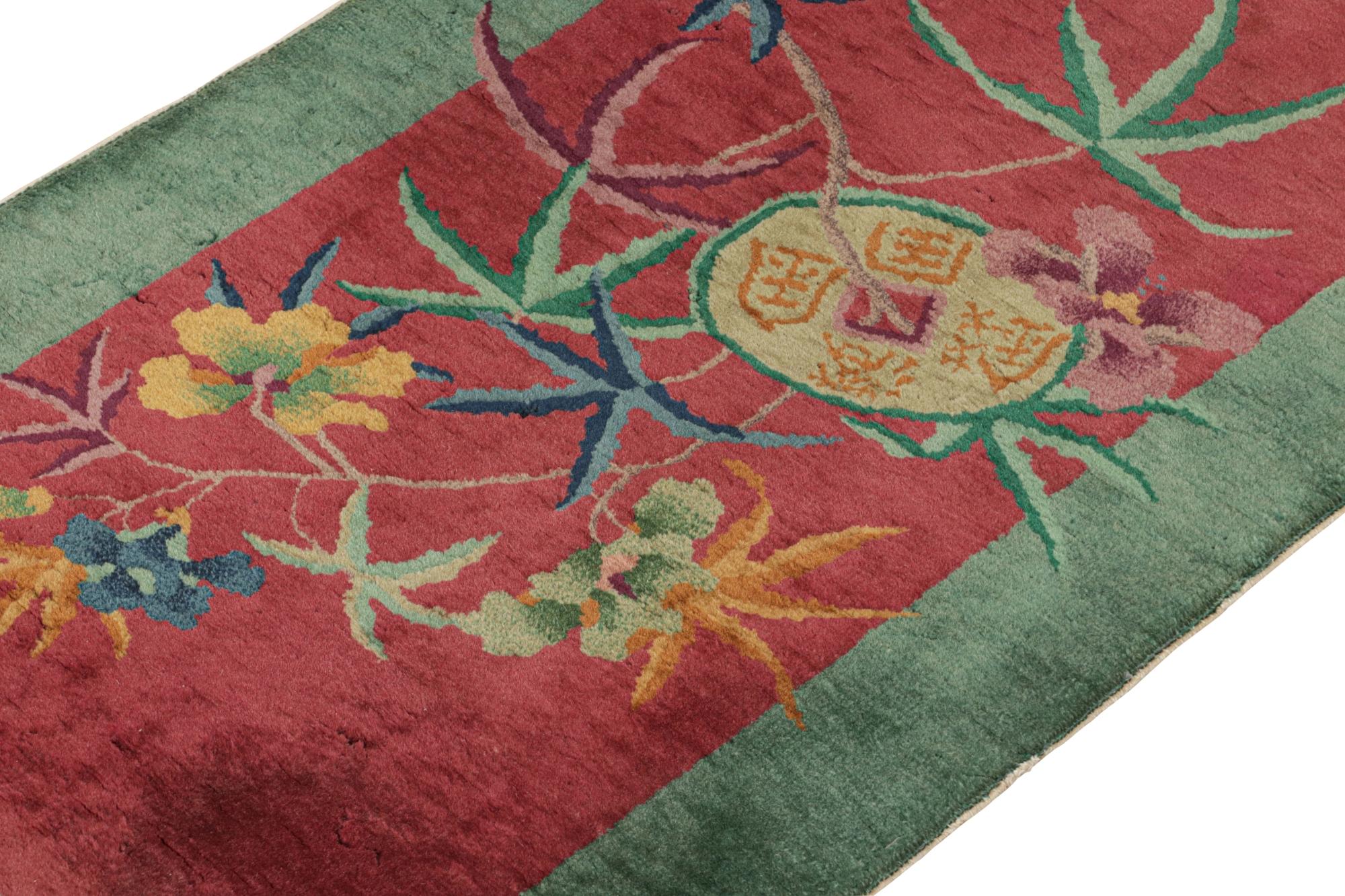 This antique 3x4 Chinese Art Deco rug is the next addition to repertoire of classic curations. Hand-knotted in wool, it originates circa 1920-1930. 
On the Design: 

The field enjoys a rich burgundy beneath a medallion and floral pattern,