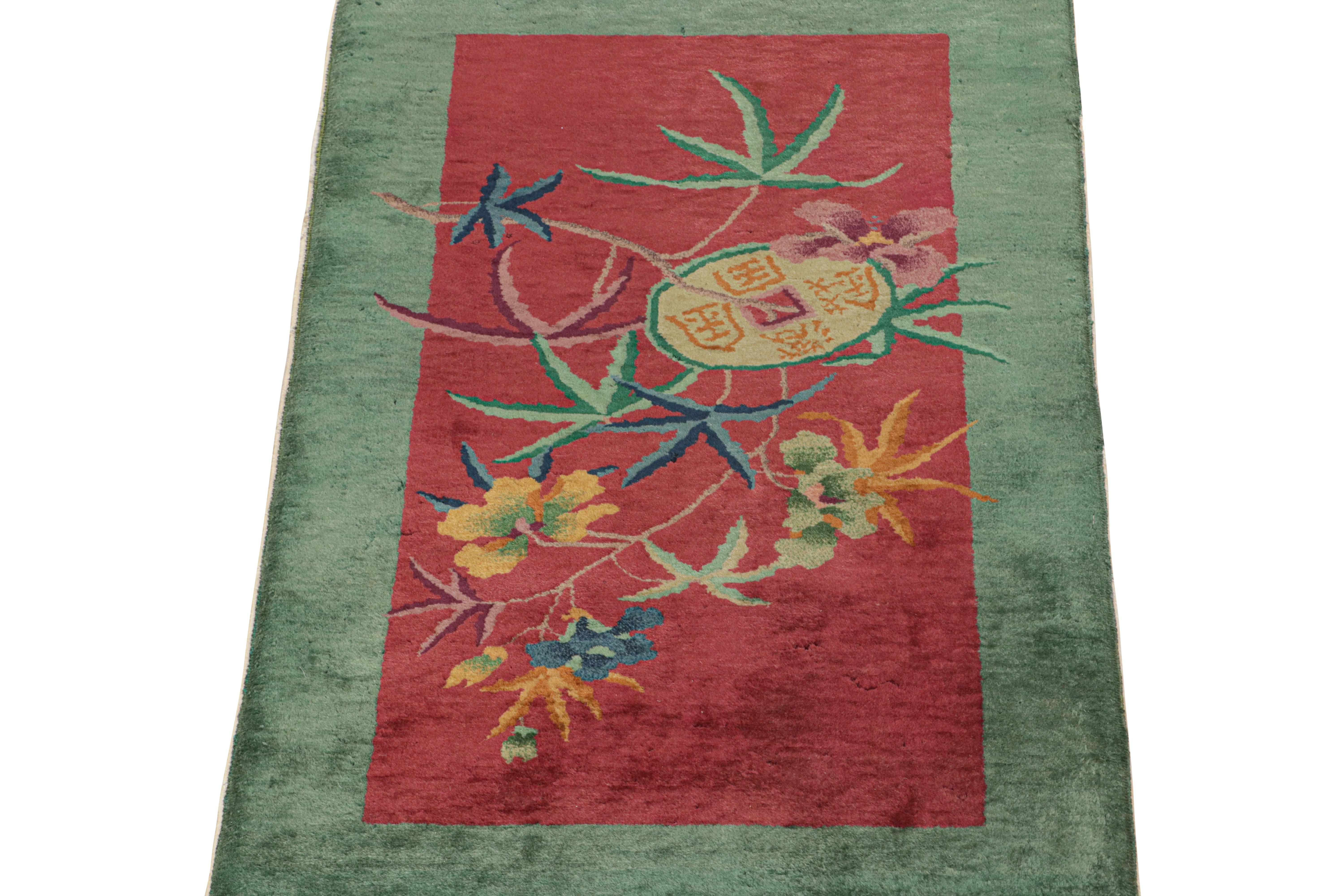 Early 20th Century Antique Chinese Art Deco Rug in Red & Green with Floral Pattern For Sale