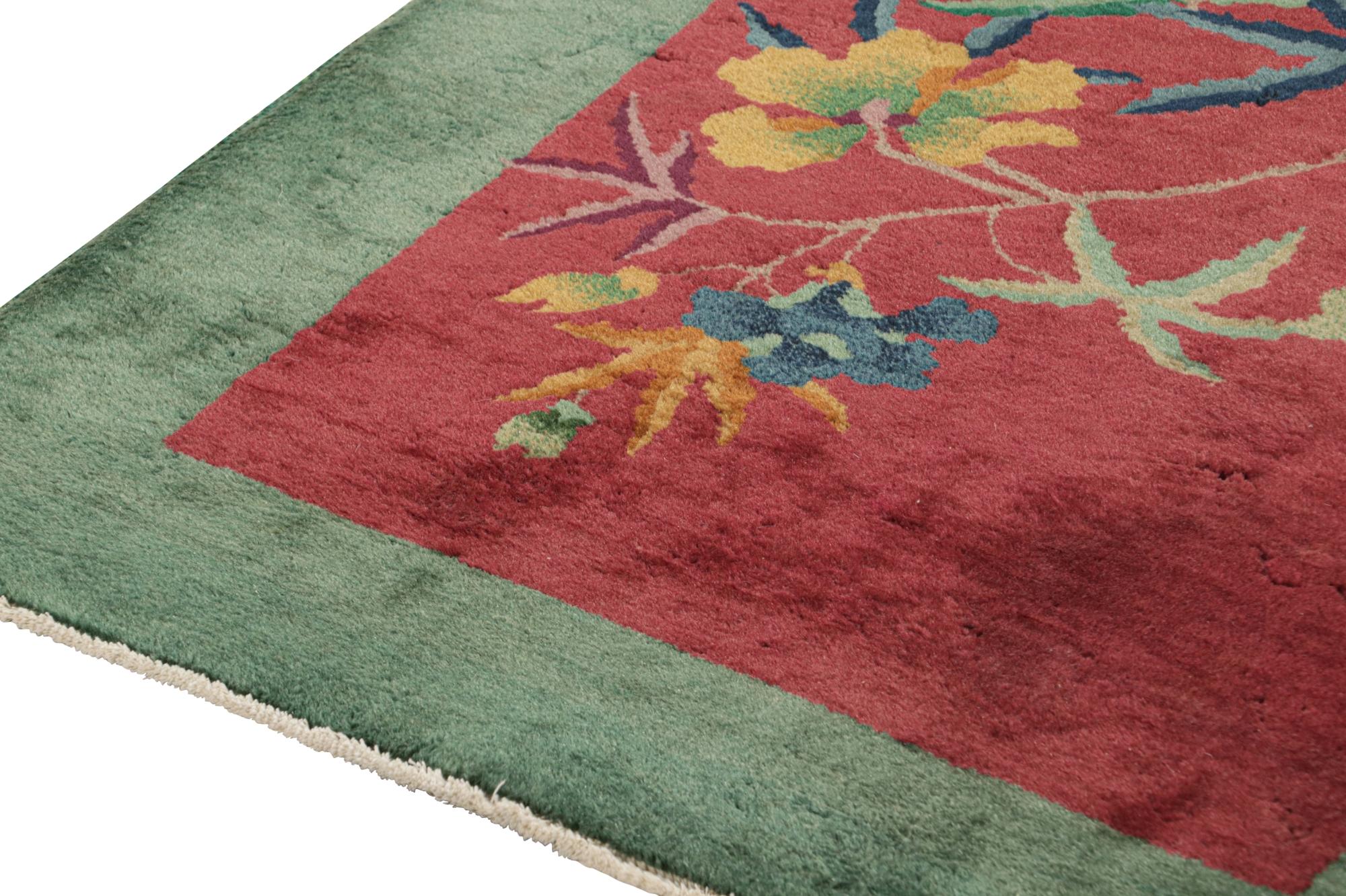 Wool Antique Chinese Art Deco Rug in Red & Green with Floral Pattern For Sale