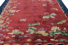 Antique Chinese Art Deco Rug in Red with Floral Patterns  Rug & Kilim