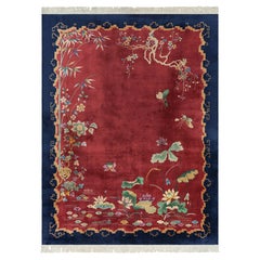 Antique Chinese Art Deco Rug in Red with Floral Patterns  Rug & Kilim