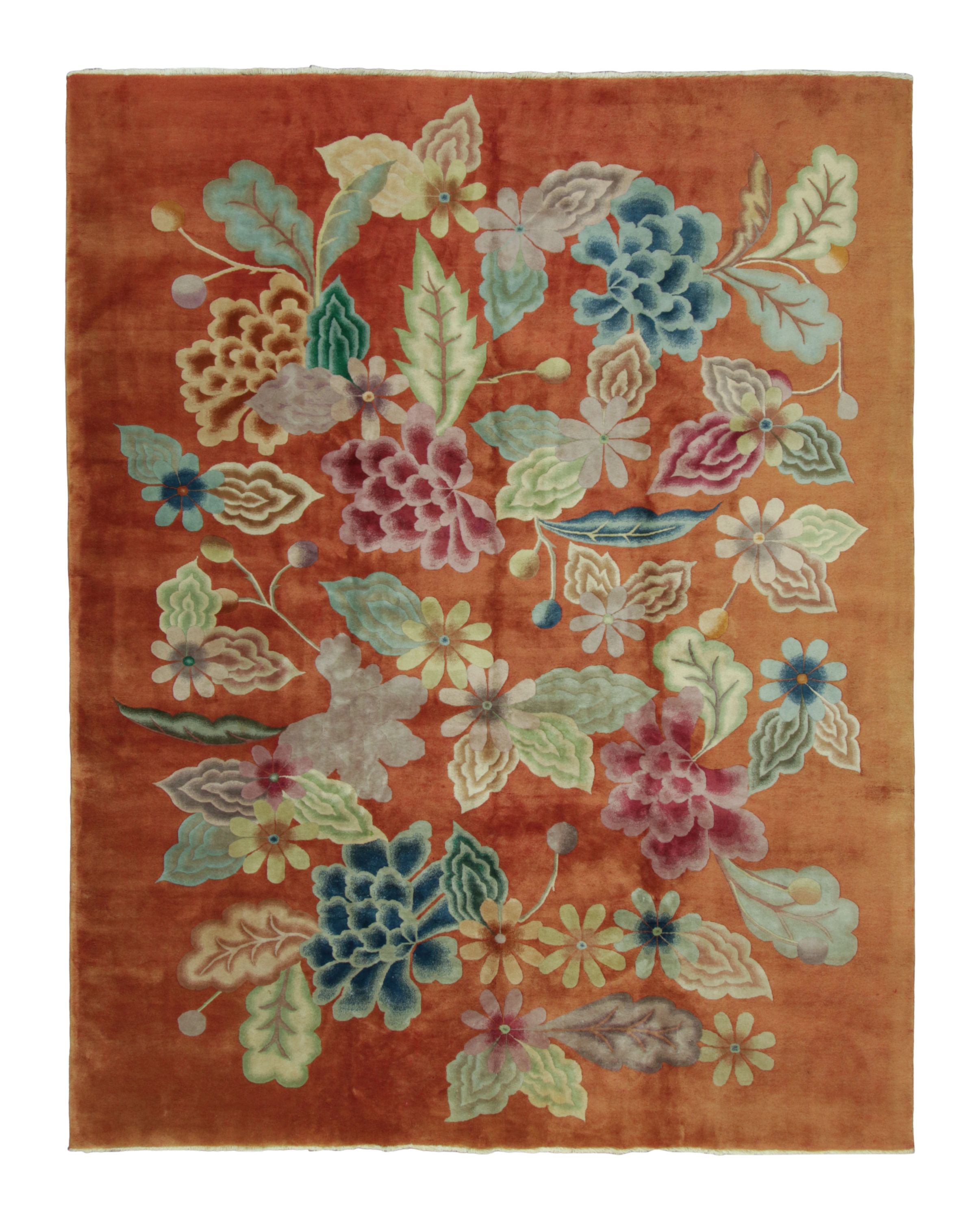 Antique Chinese Art Deco Rug in Rust with Bold Floral Design - Rug & Kilim