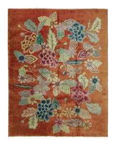 Antique Chinese Art Deco Rug in Rust with Bold Floral Design - Rug & Kilim