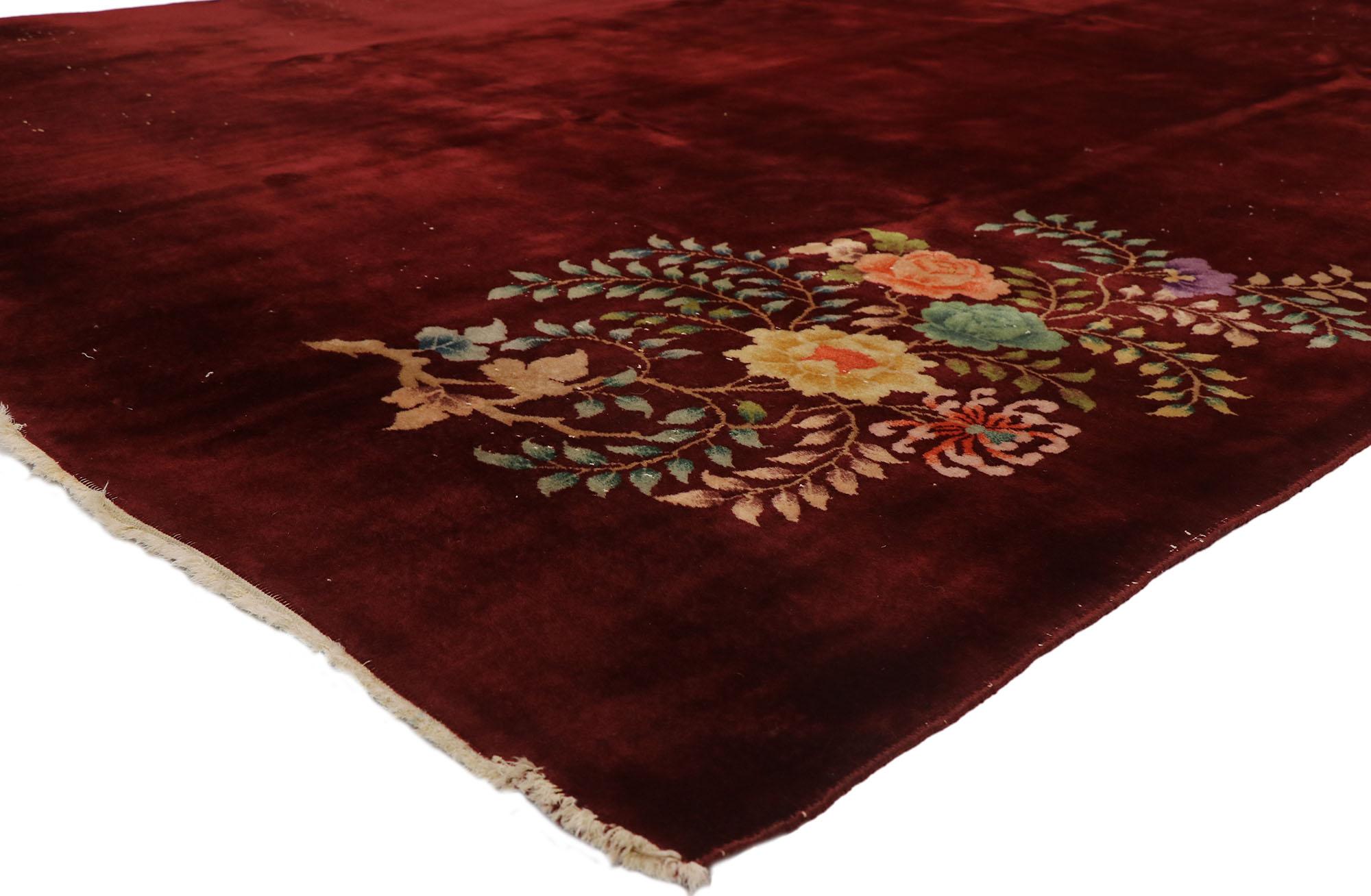 77423, antique Chinese Art Deco rug inspired by Walter Nichols. Drawing inspiration from Walter Nichols, this hand knotted wool antique Chinese Art Deco rug displays a sense of splendor and vitality than cannot be contained. It features an