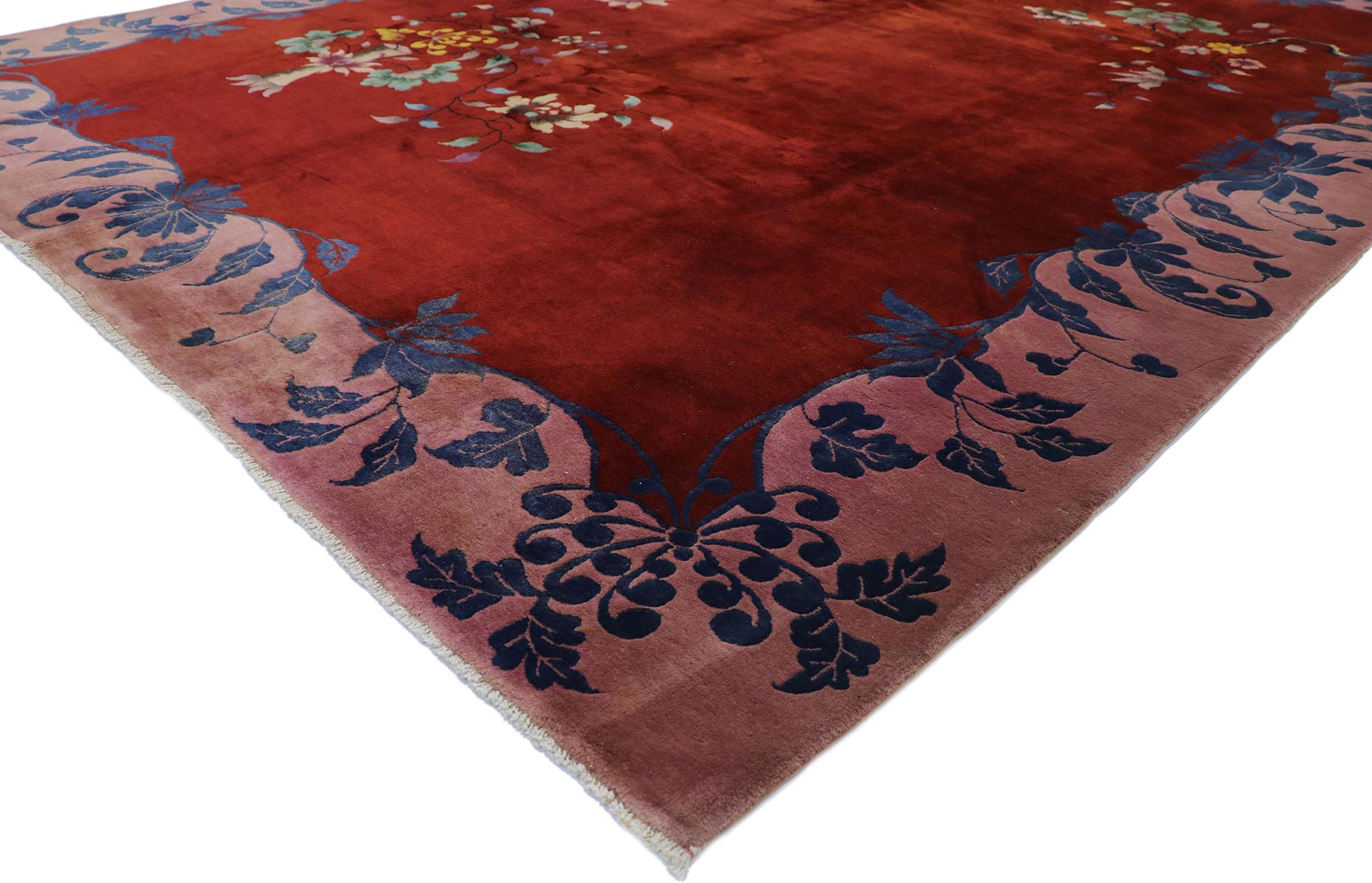 77626, antique Chinese Art Deco rug inspired by Walter Nichols 08'11 x 11'05. This hand knotted wool antique Chinese Art Deco rug features a color-blocked field and border scheme festooned with asymmetrical opulent frondescence and florals breaking