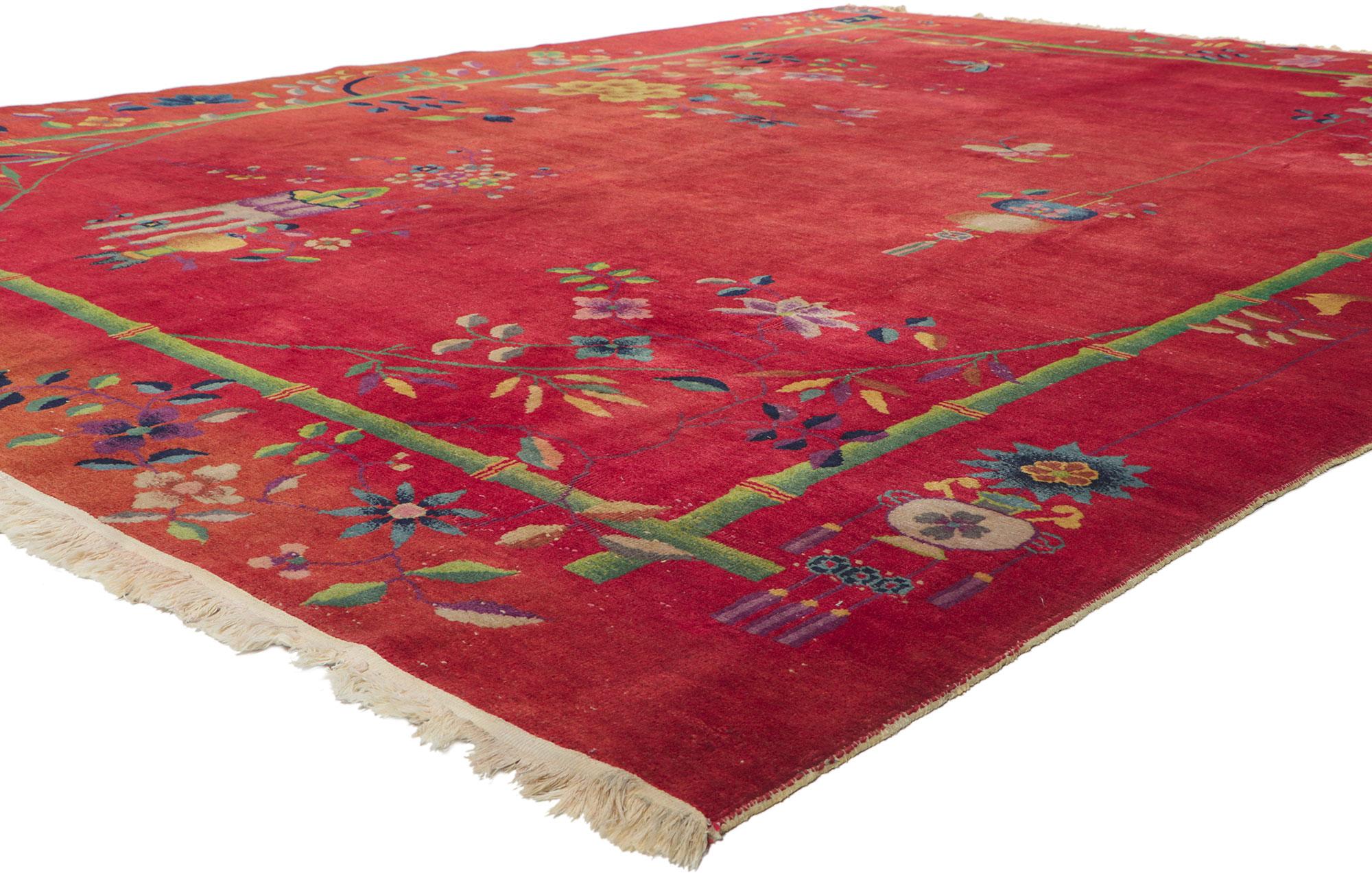 78314 Antique Chinese Art Deco Rug Inspired by Walter Nichols, 8'10 x 11'07. This hand knotted wool antique Chinese Art Deco rug features an all-over floral pattern festooned with large, glorious sprays of flowers. Lotuses, peonies, chrysanthemums,