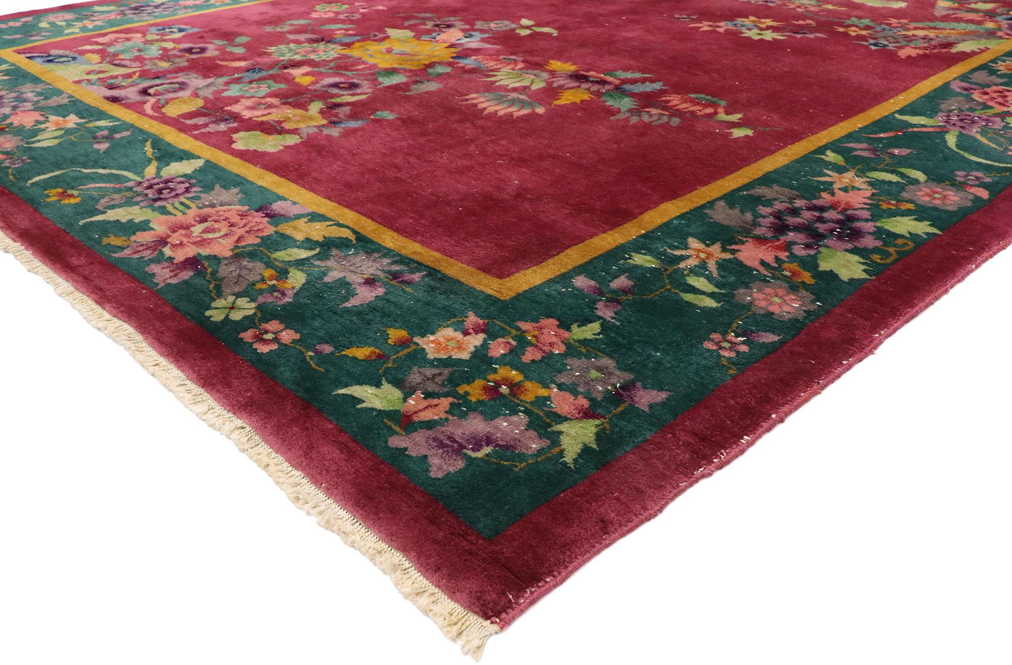 77454 Antique Chinese Art Deco Rug Inspired by Walter Nichols with Jazz Age Style 08'08 x 11'06. This hand knotted wool antique Chinese Art Deco rug features a color-blocked field and border scheme festooned with large, glorious sprays of flowers.