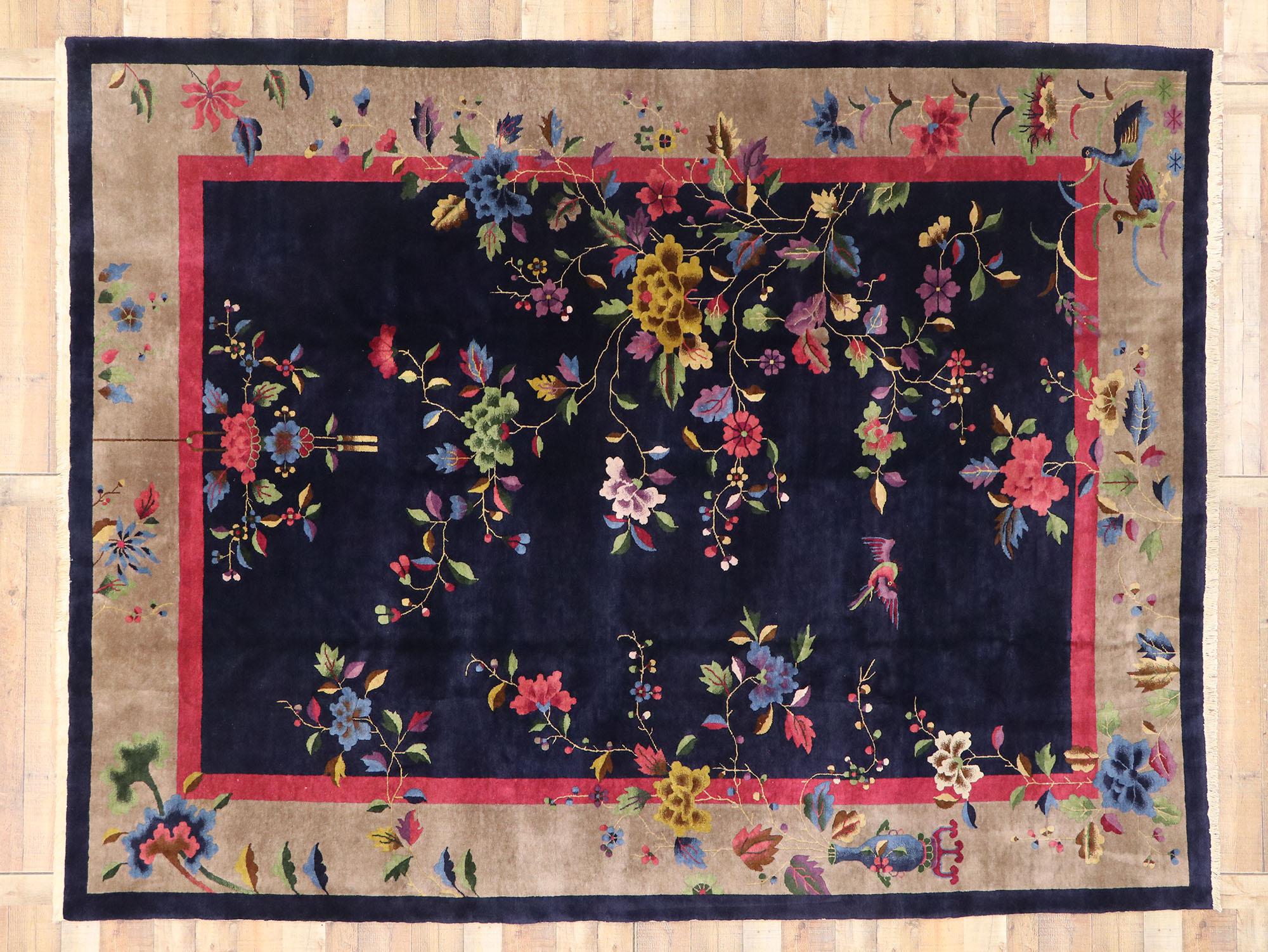 Wool Antique Chinese Art Deco Rug Inspired by Walter Nichols with Jazz Age Style For Sale
