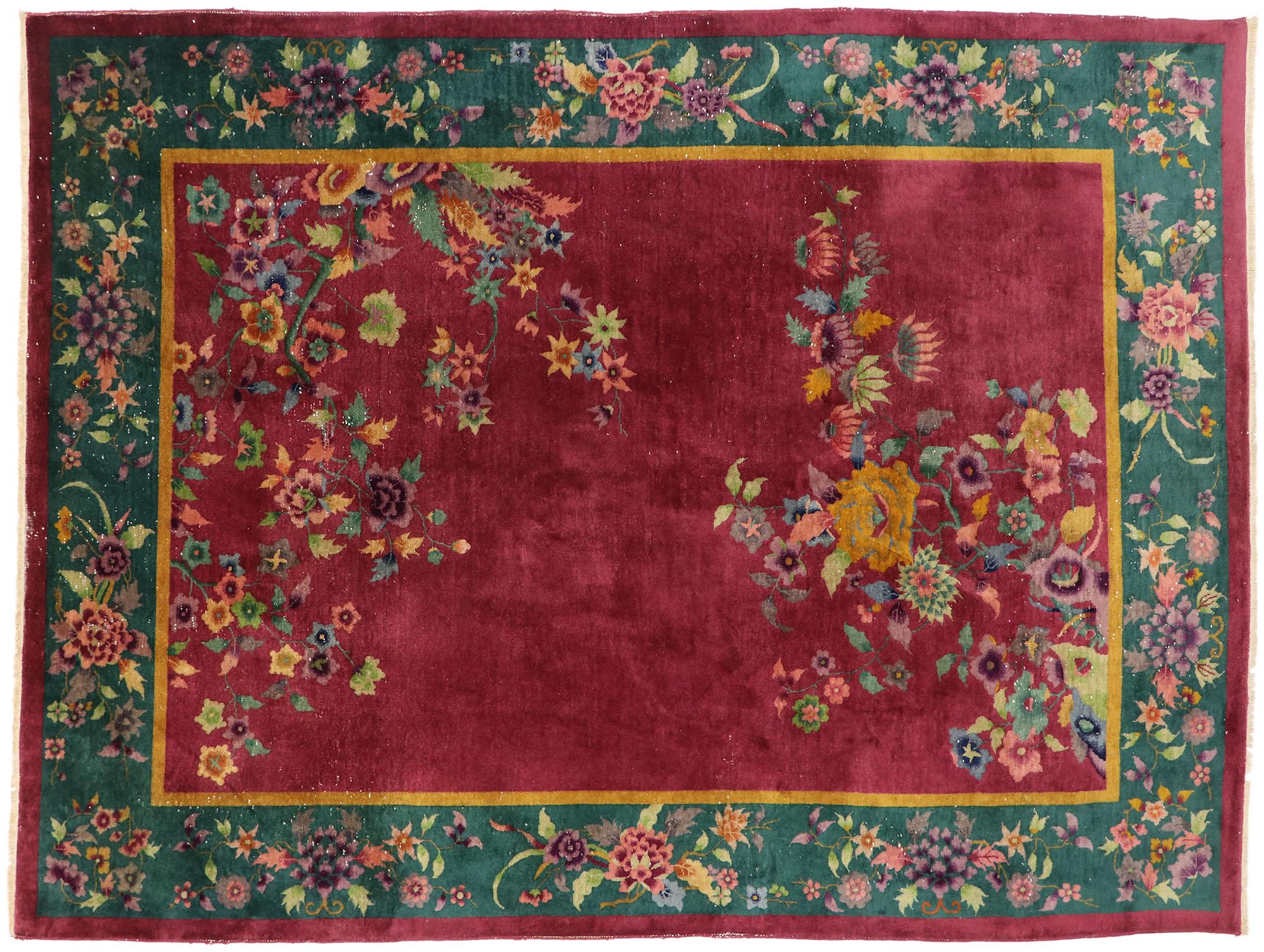 Wool Antique Chinese Art Deco Rug Inspired by Walter Nichols with Jazz Age Style For Sale