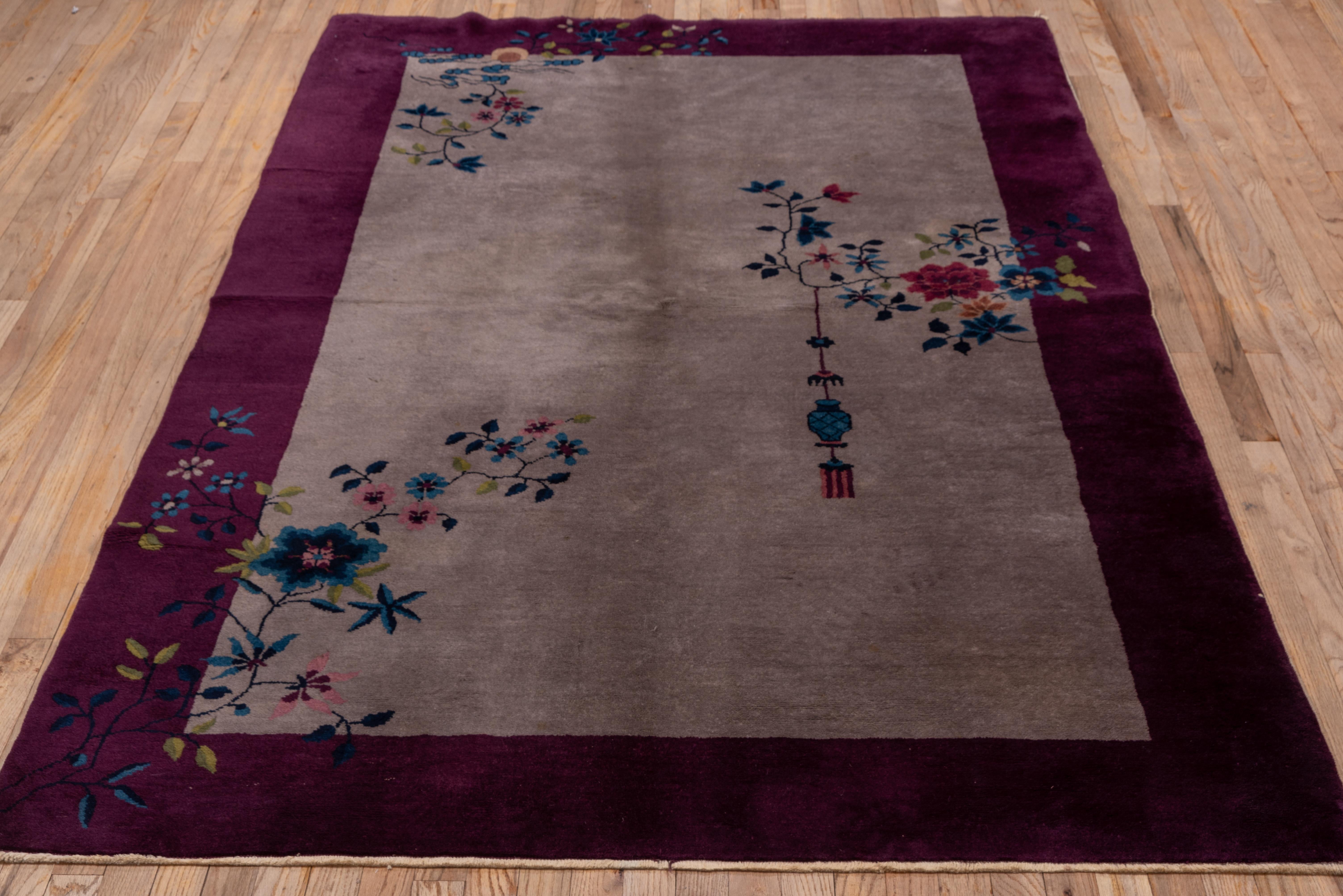 Hand-Knotted Antique Chinese Art Deco Rug, Light Mauve Field, Wine Red Borders, circa 1920s For Sale