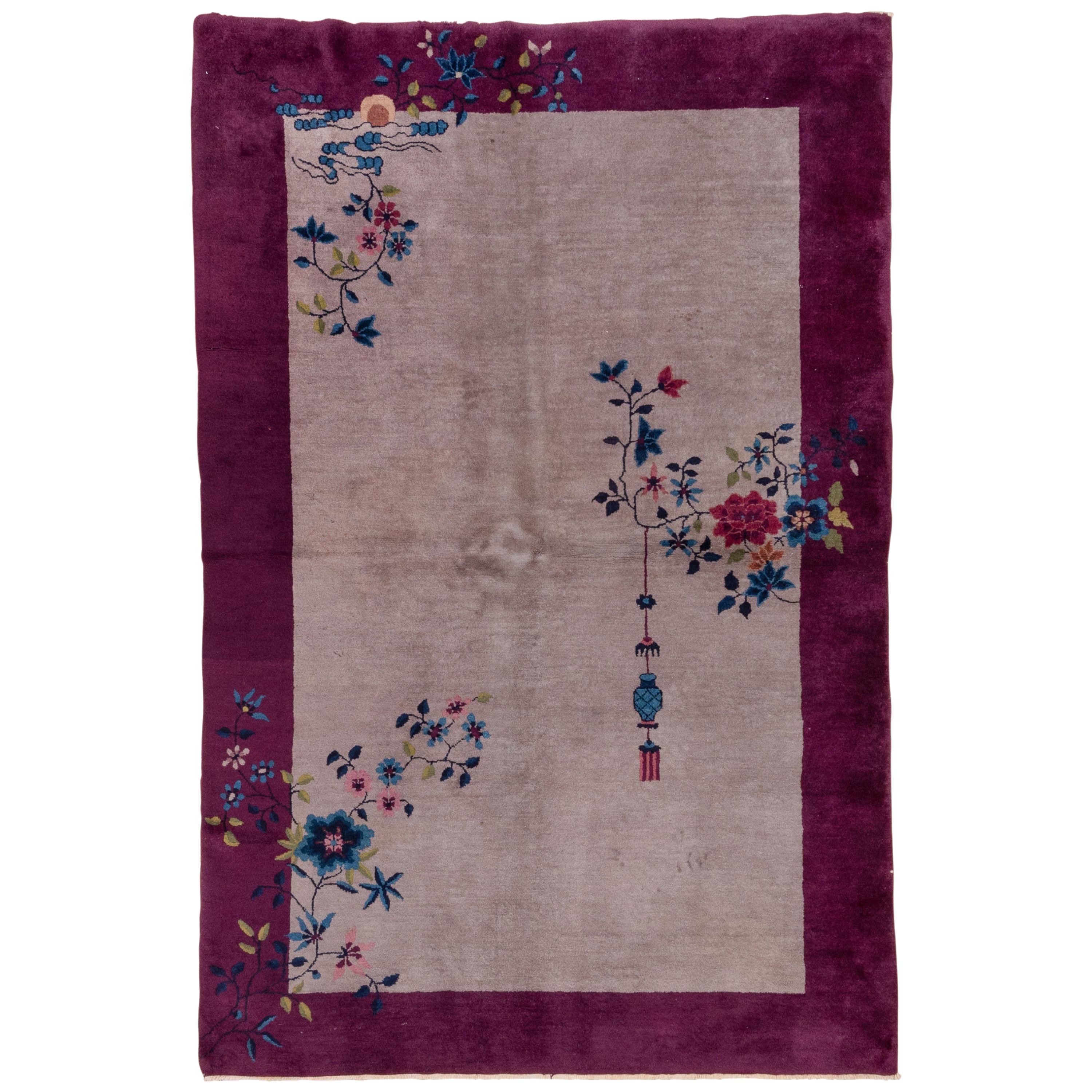 Antique Chinese Art Deco Rug, Light Mauve Field, Wine Red Borders, circa 1920s For Sale