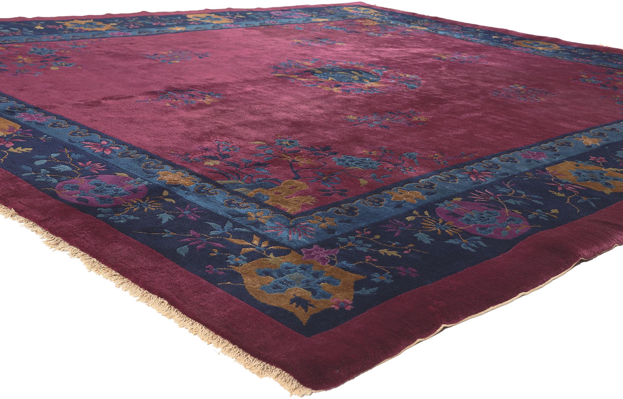 77189 Antique Chinese Art Deco Rug, 08'02 x 09'05.
Maximalist style meets sensual decadence in this hand knotted wool antique Chinese Art Deco rug. The elaborate floral details and saturated jewel-tone colors woven into this piece work together