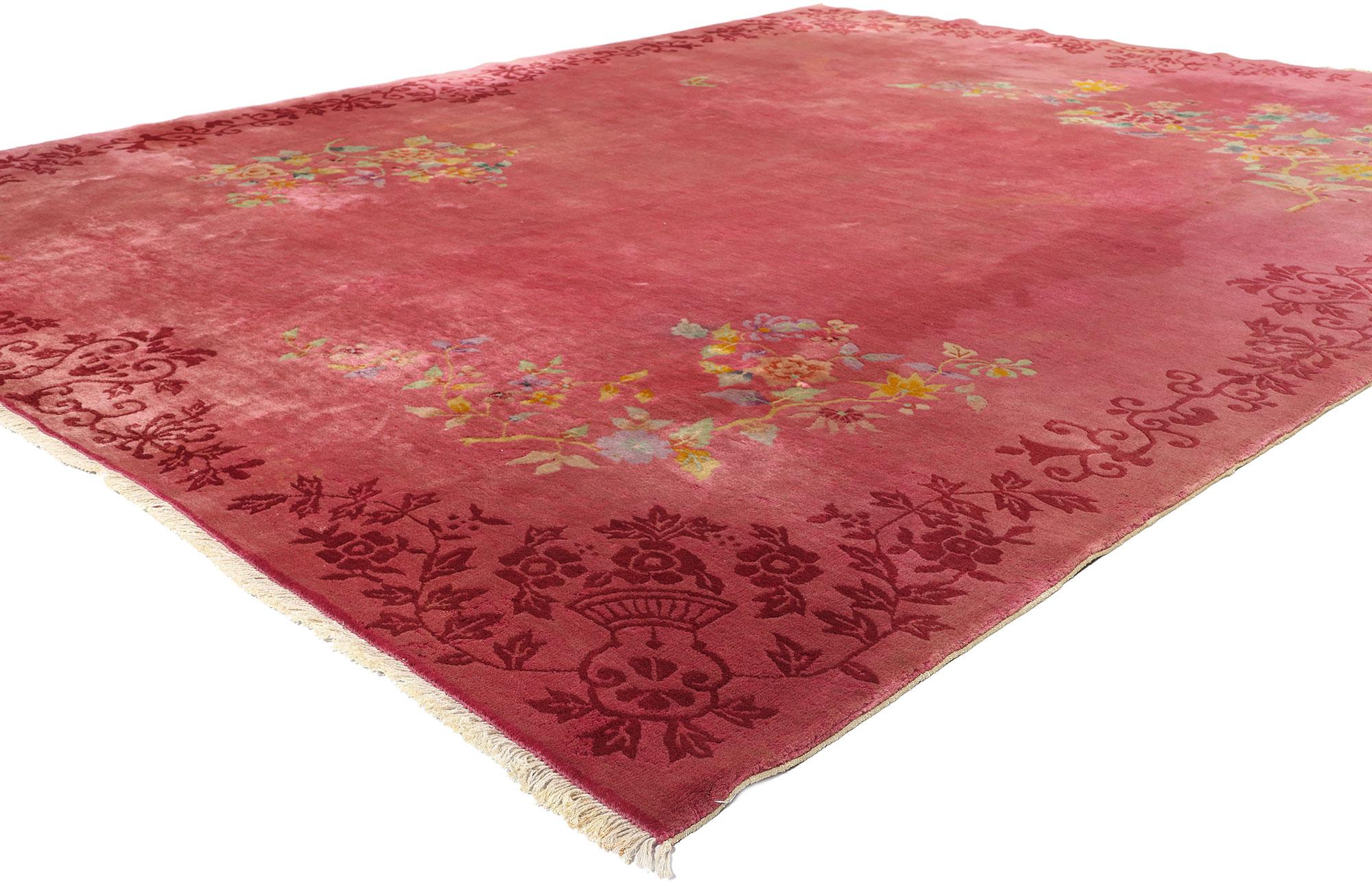 78894 Antique Dark Pink Chinese Art Deco Rug, 09'00 x 11'05. Channeling the famed Walter Nichols style of the 1920s and 1930s, this hand-knotted wool antique Chinese Art Deco rug features an array of traditional Chinese symbols and floral motifs
