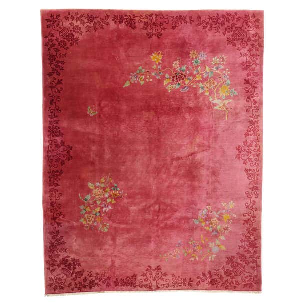 Pink Chinese Rug Early 20th Century Antique Pink Chinese Art Deco Rug For Sale at 1stDibs