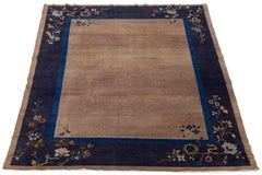 Antique Chinese Art Deco Rug  Navy & Taupe Floral Wool 8x10