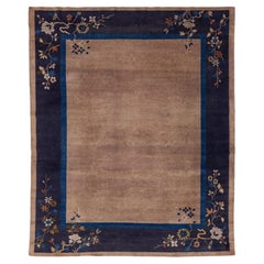Antique Chinese Art Deco Rug  Navy & Taupe Floral Wool 8x10