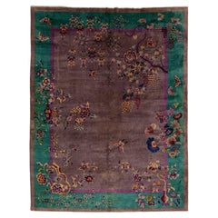 Tappeto antico cinese Art Deco - Plum & Jade Green Floral Wool 9x12